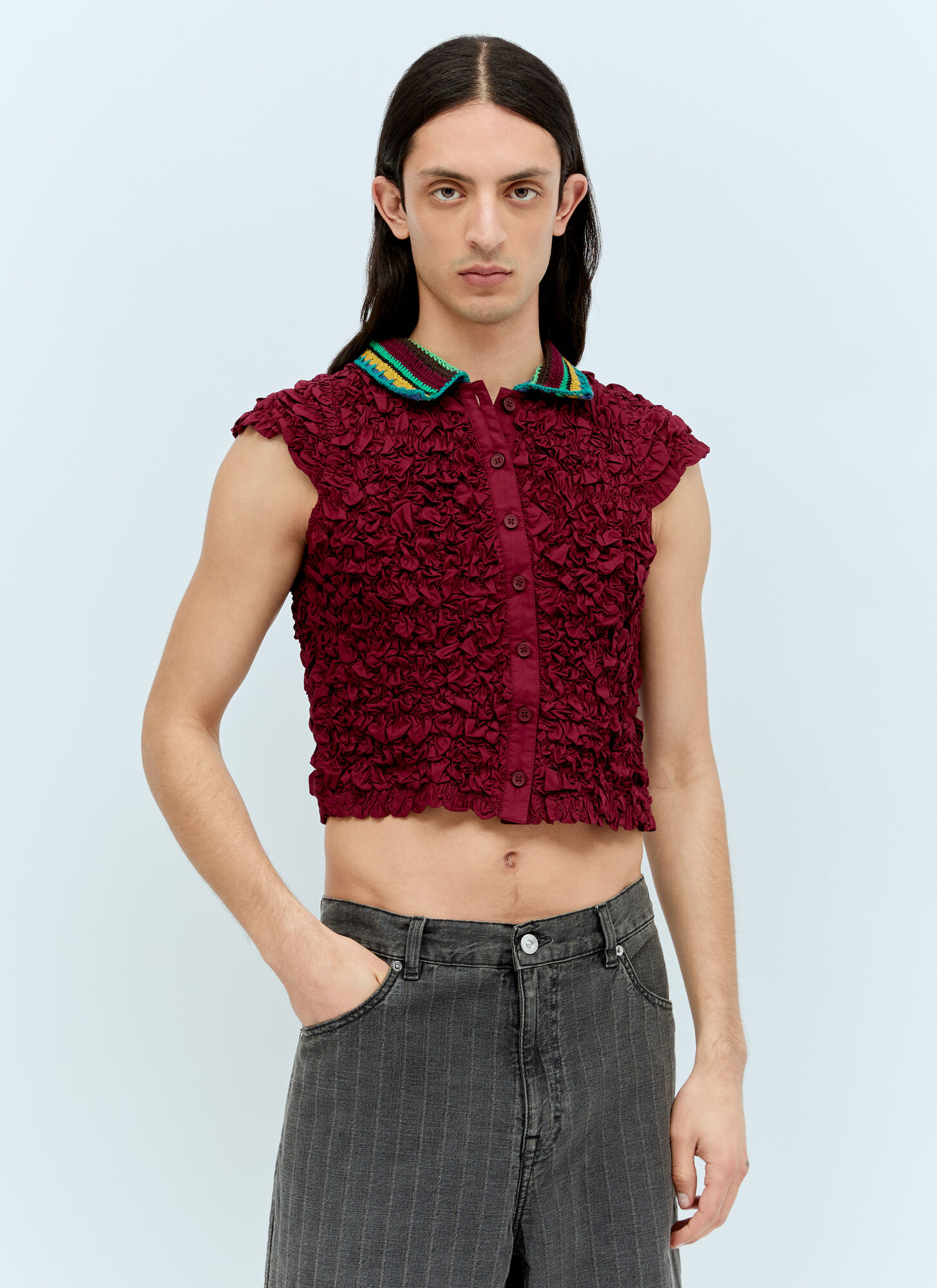 Shop Brain Dead Crochet Collar Kass Shirt In Burgundy