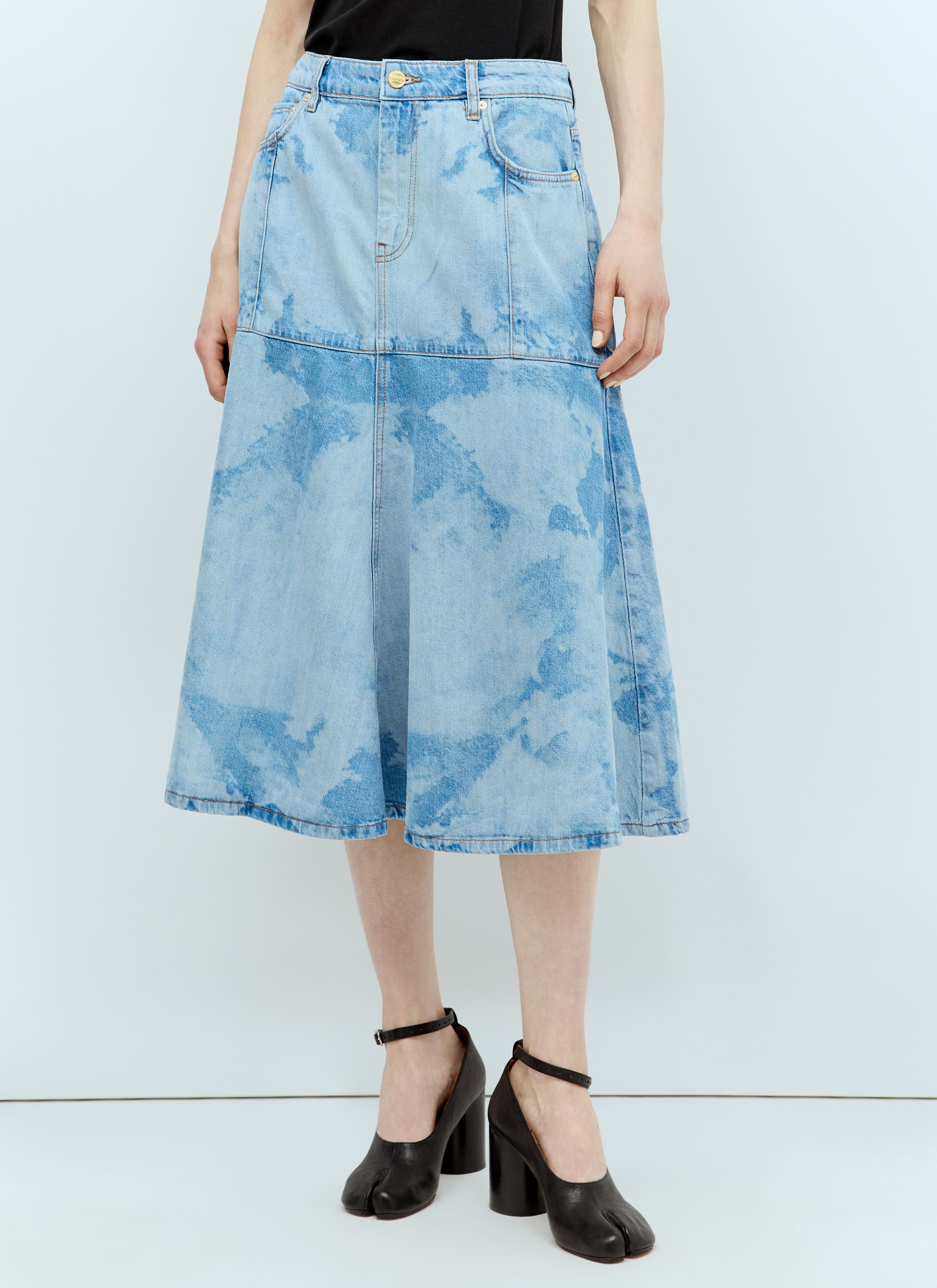 GANNI Bleach Denim Flounce Midi Skirt Blue gan0256001