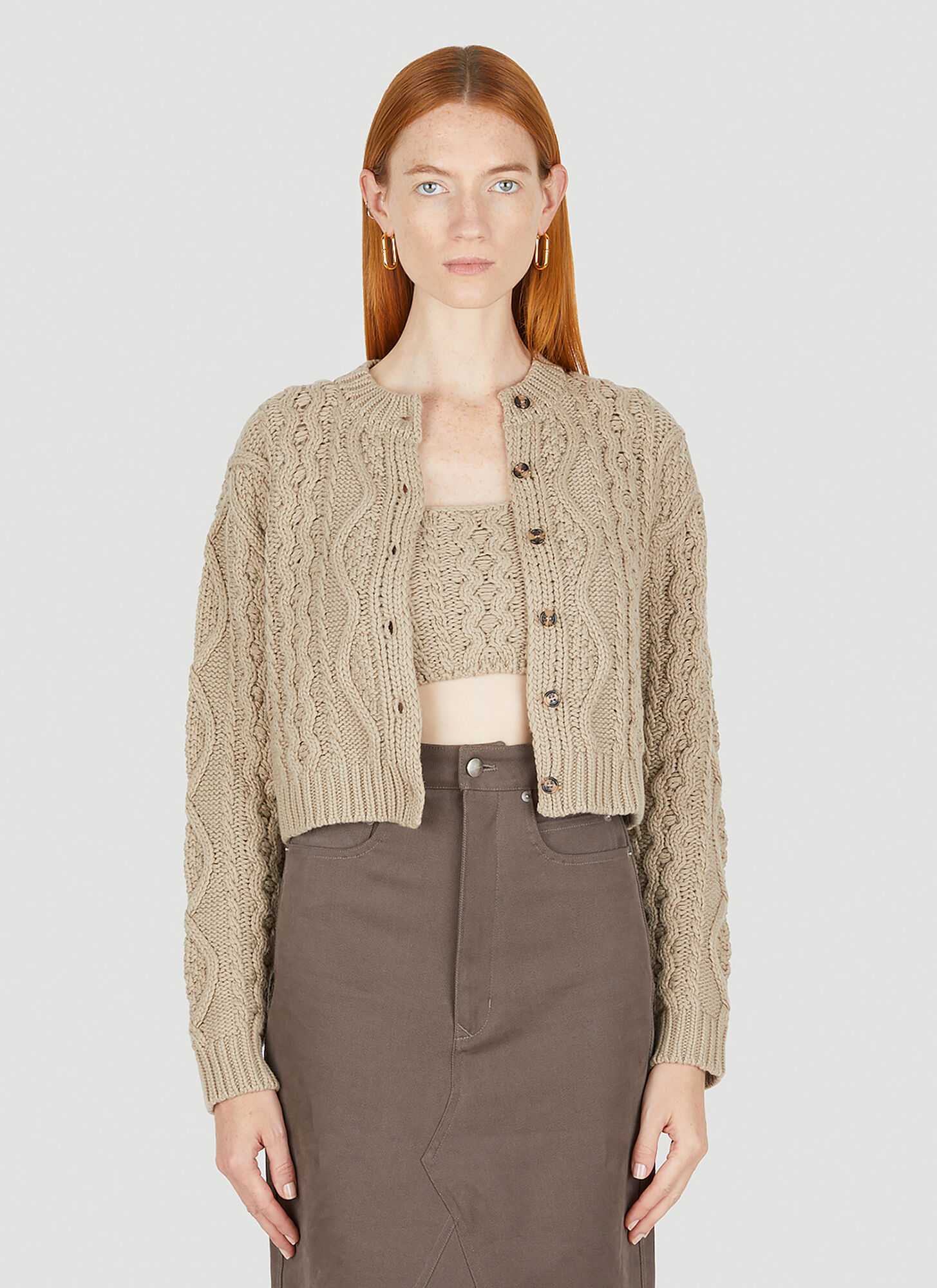 Shop Rokh Cable Knit Cardigan Set In Beige