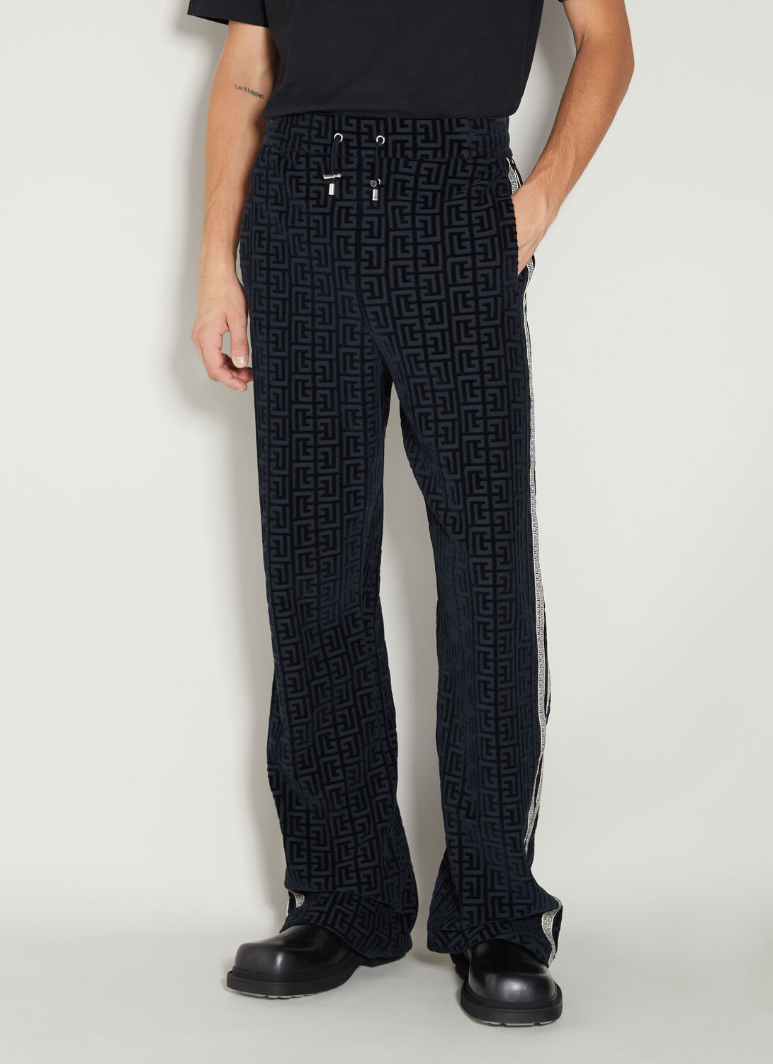 Shop Balmain Velvet Monogram Pyjama Pants In Blue