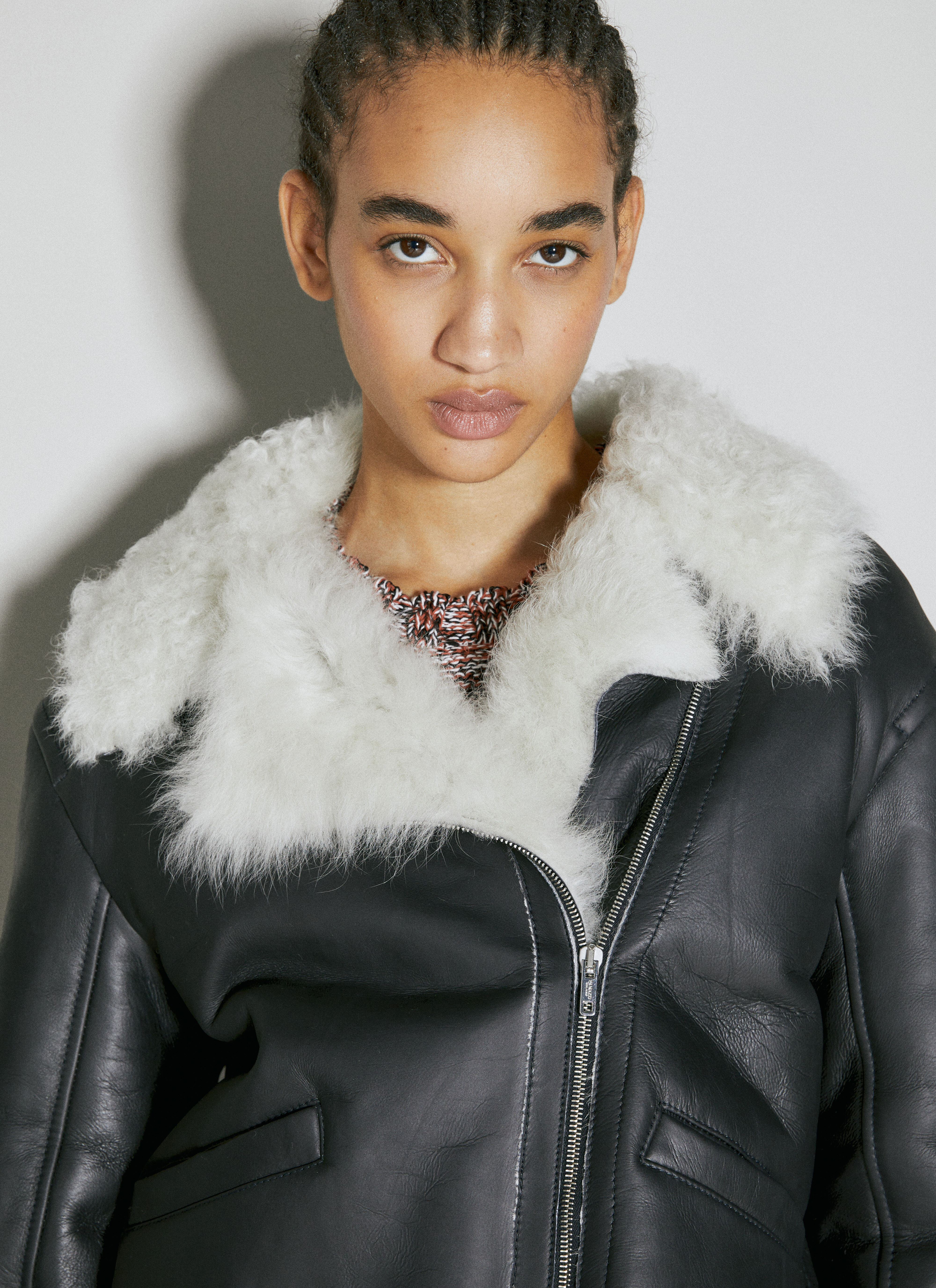 Durazzi Milano Shearling Collar Leather Biker Jacket in Black fur Damen LN CC