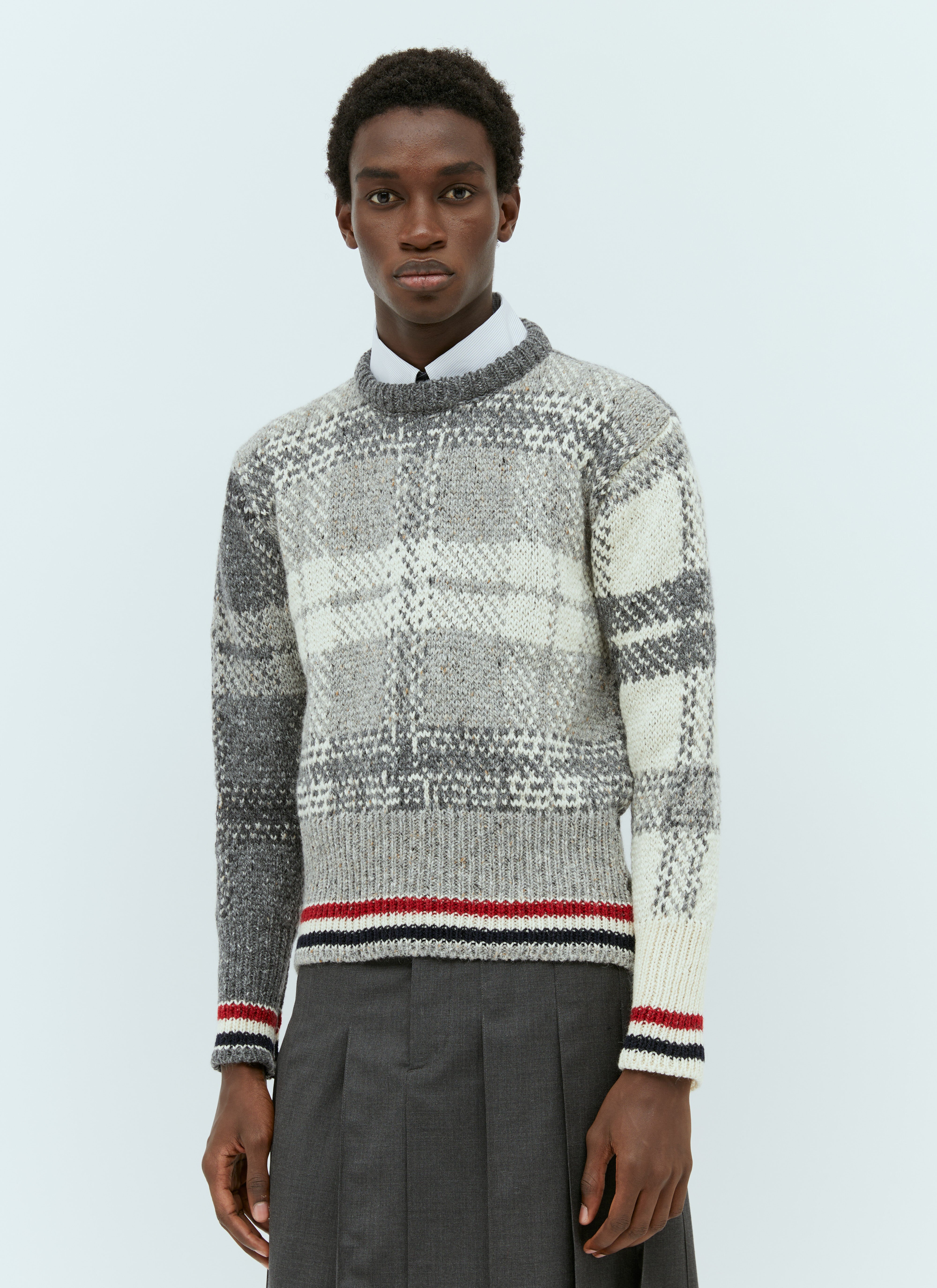 Thom Browne Men s Tartan Jacquard Sweater in Grey LN CC