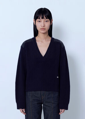 GANNI Wool Melange Rib Stripe V Neck Navy gan0266031