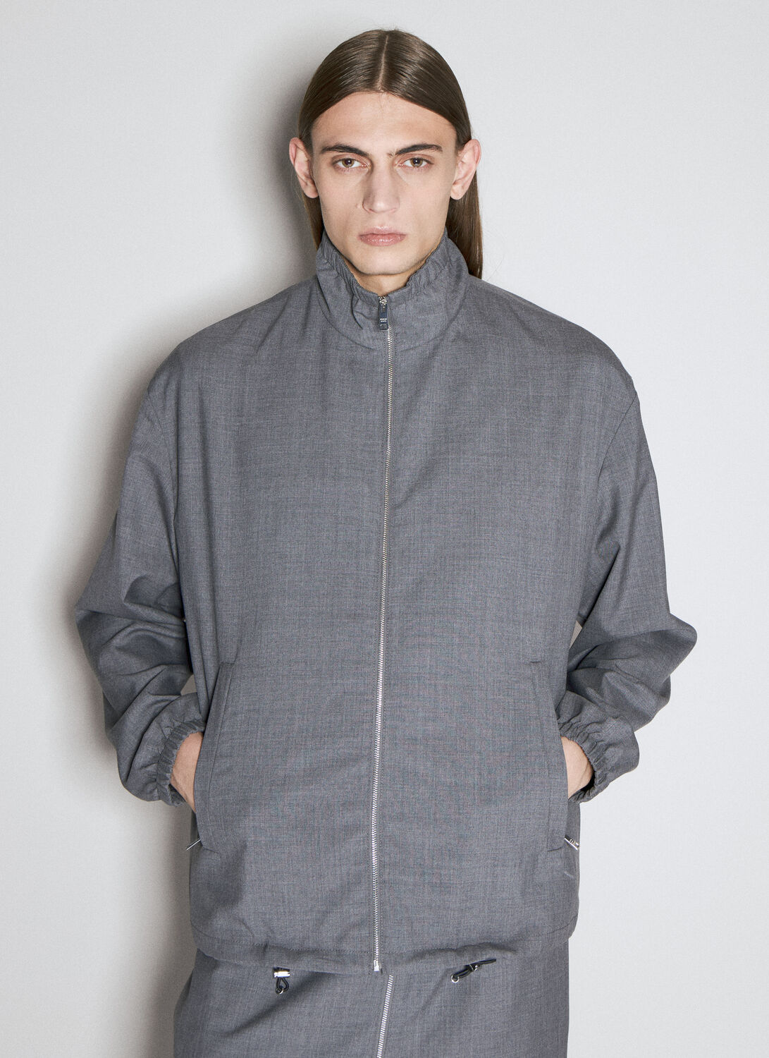 Shop Prada Zipped Wool Jacket In Grey