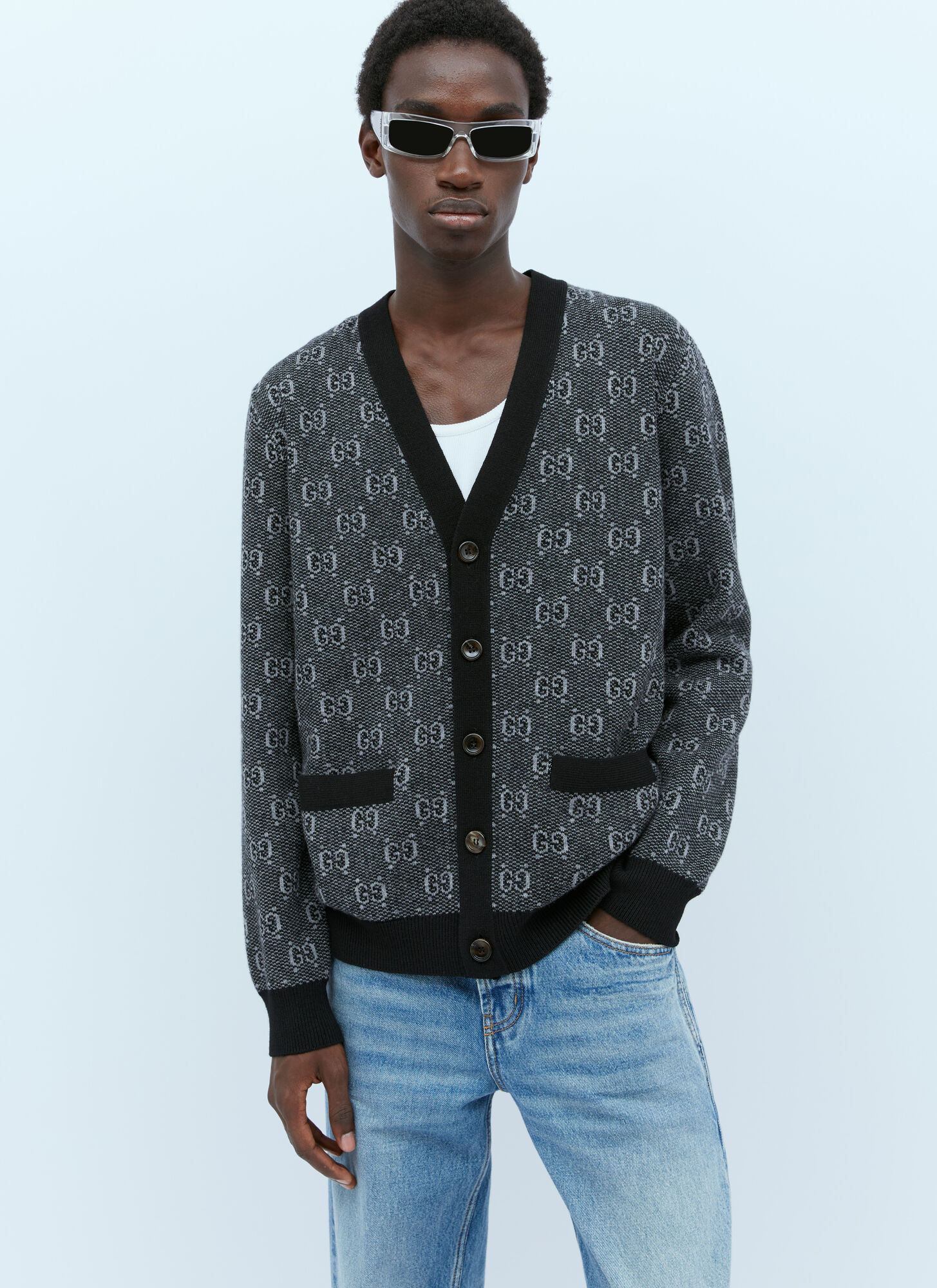 Shop Gucci Gg Wool Jacquard Cardigan In Grey