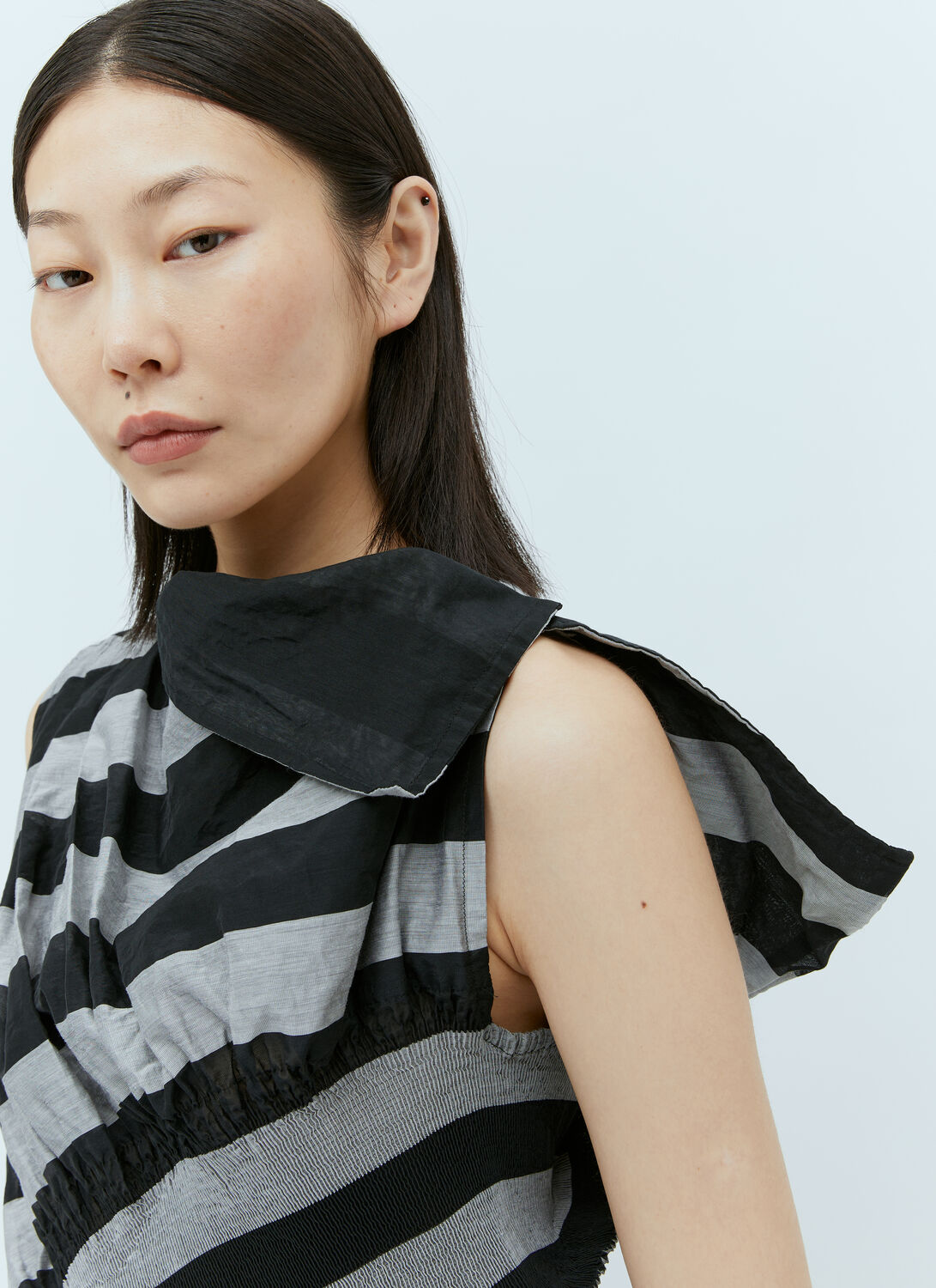 Issey Miyake Asymmetric Striped Ruched-jersey Top In Black