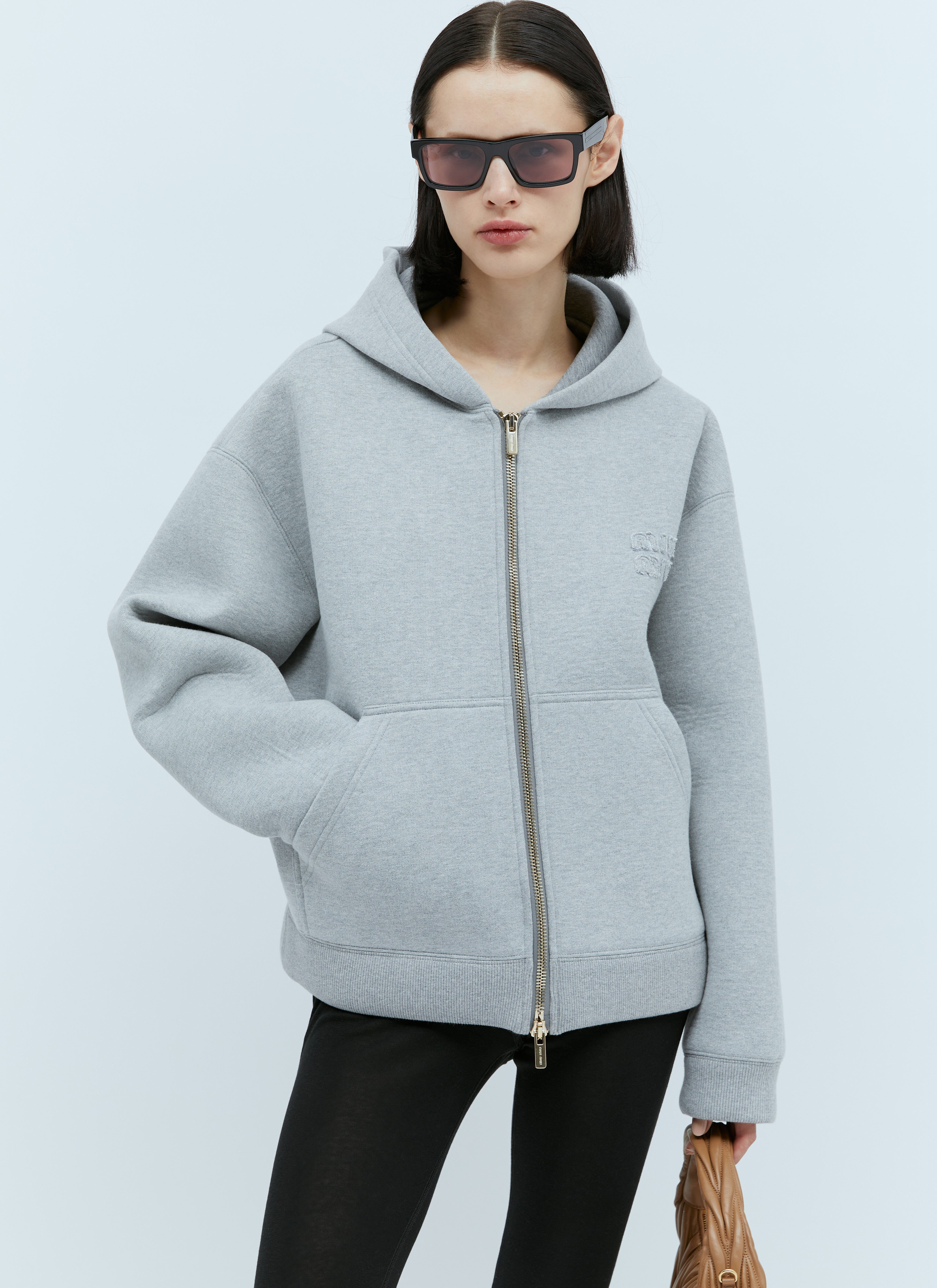 Miu Miu Women s Embossed Logo Hooded Sweatshirt in Grey LN CC