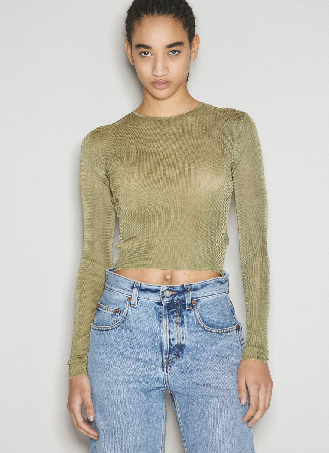 Saint Laurent Fine-knit Jersey Long-sleeve Cropped Top In Green