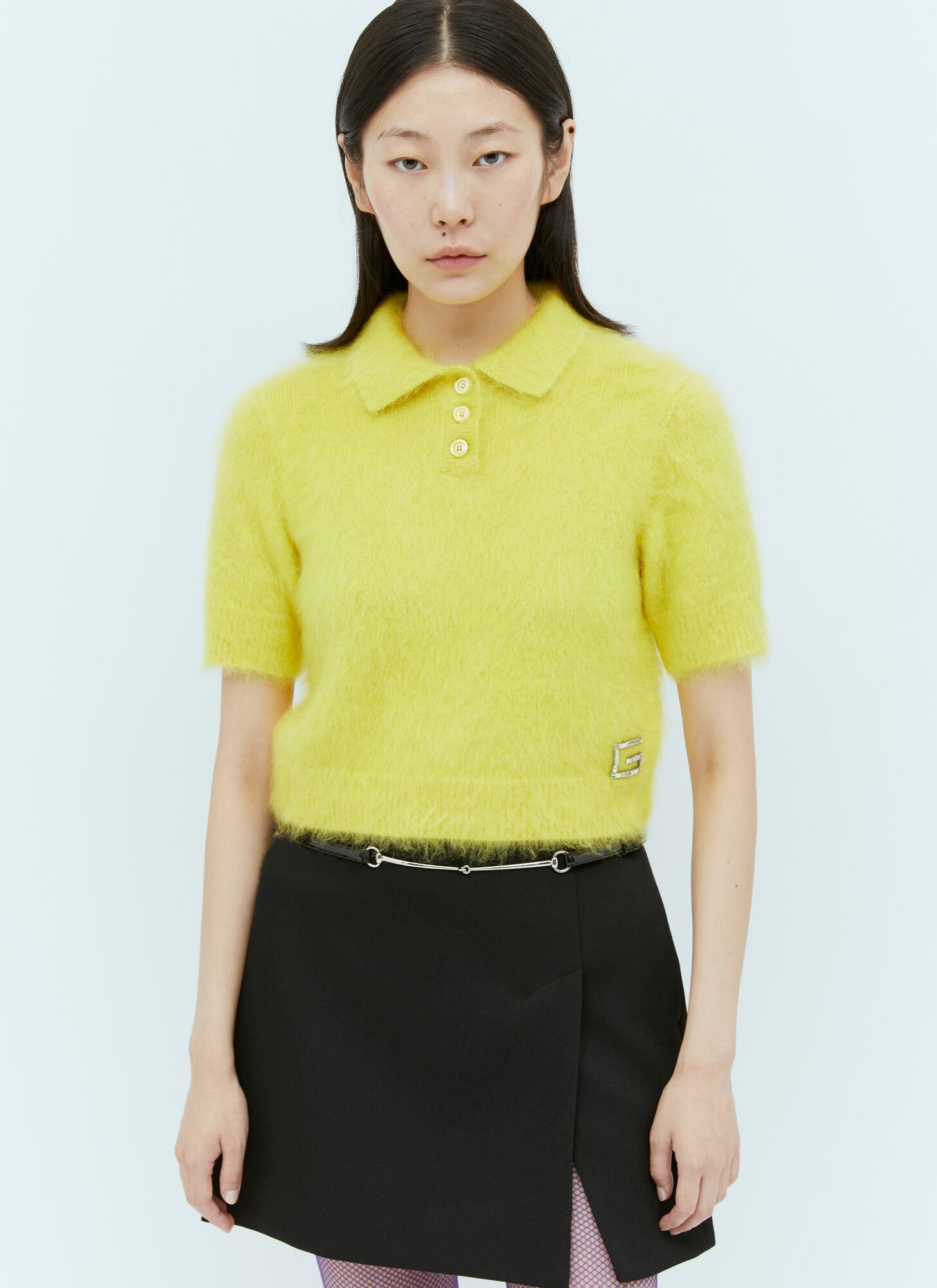 Shop Gucci Crystal Embellished Logo Polo Top In Yellow