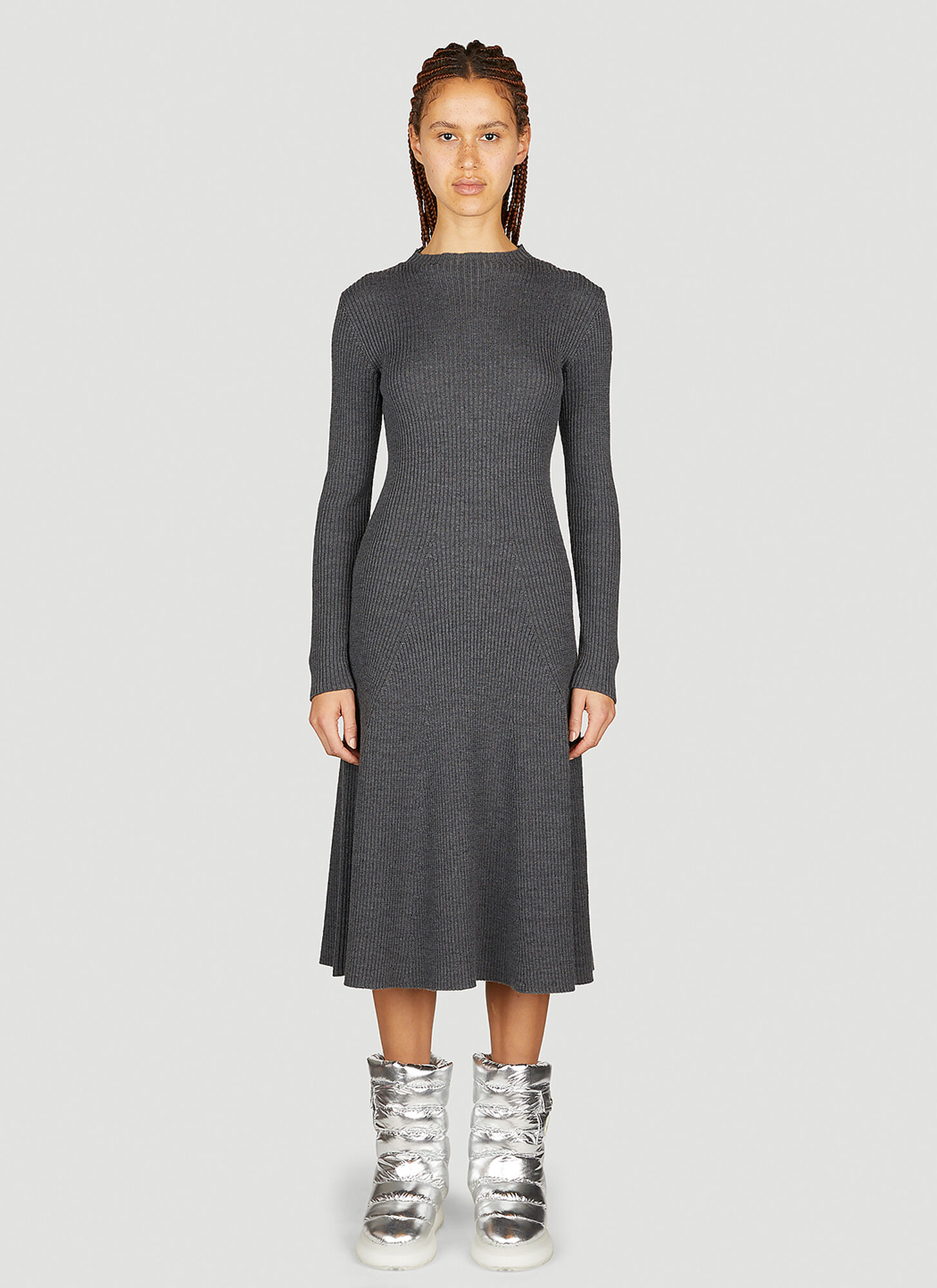Shop Moncler Long Sleeve Knit Dress In Grey