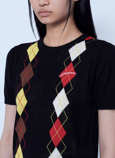 LN-CC® - GANNI: Light Cotton Argyle T-Shirt - Black GANNI Light Cotton Argyle T-Shirt Black gan0265008