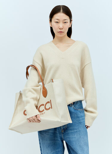 Gucci Large Logo Print Canvas Tote Bag Beige guc0255167