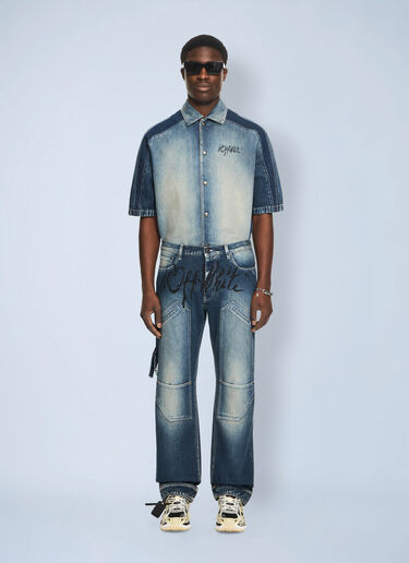LN-CC® - Off-White: Cherry Diagonal Twist Stack Jeans - Blue Off-White Cherry Diagonal Twist Stack Jeans Blue ofw0164151