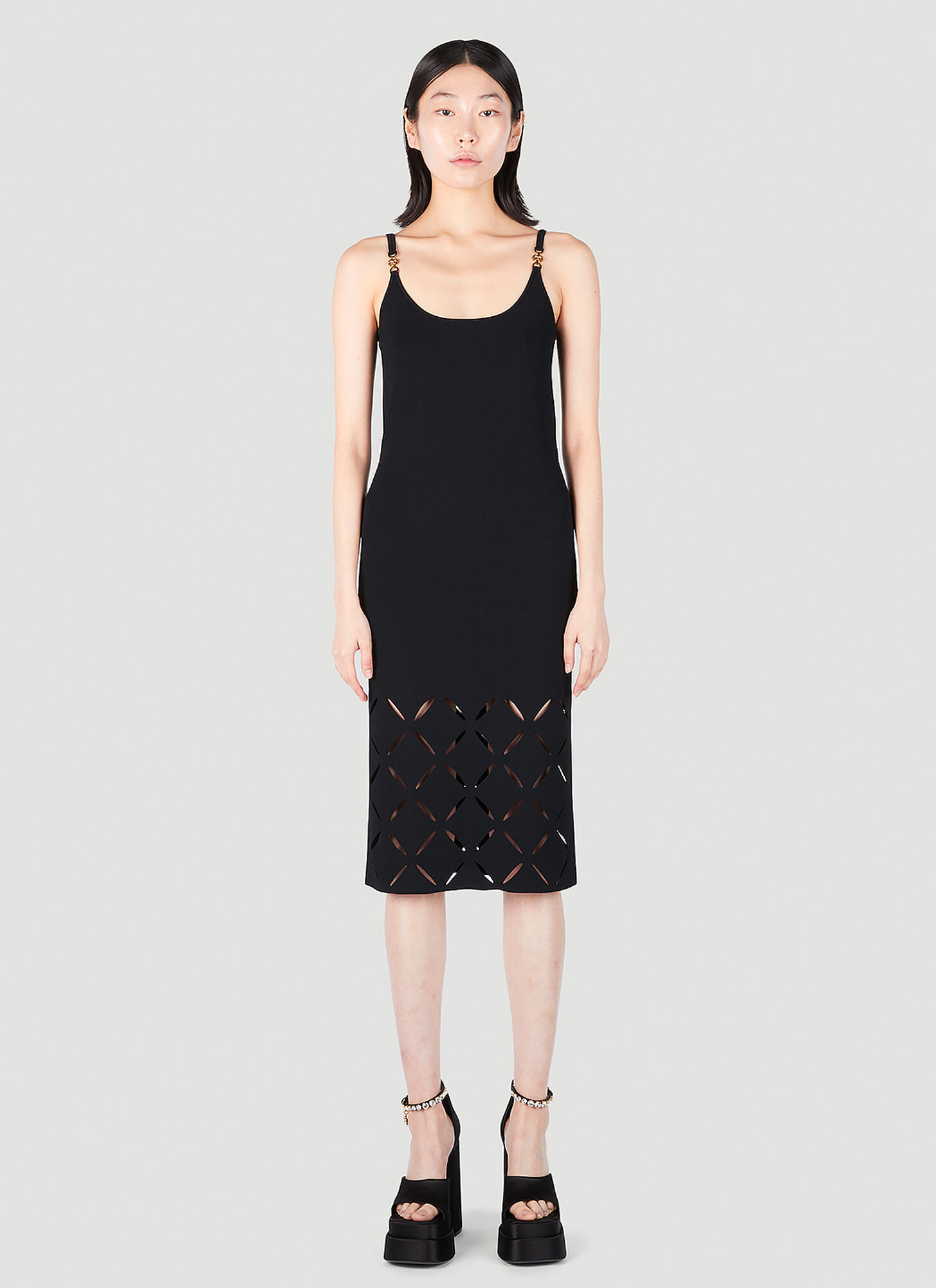 Shop Versace Slash Hem Knit Midi Dress In Black