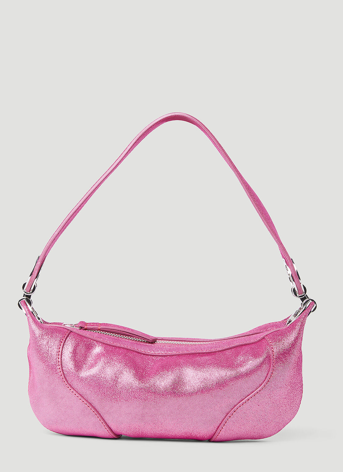 Shop By Far Mini Amira Jeans Lame Leather Shoulder Bag In Pink