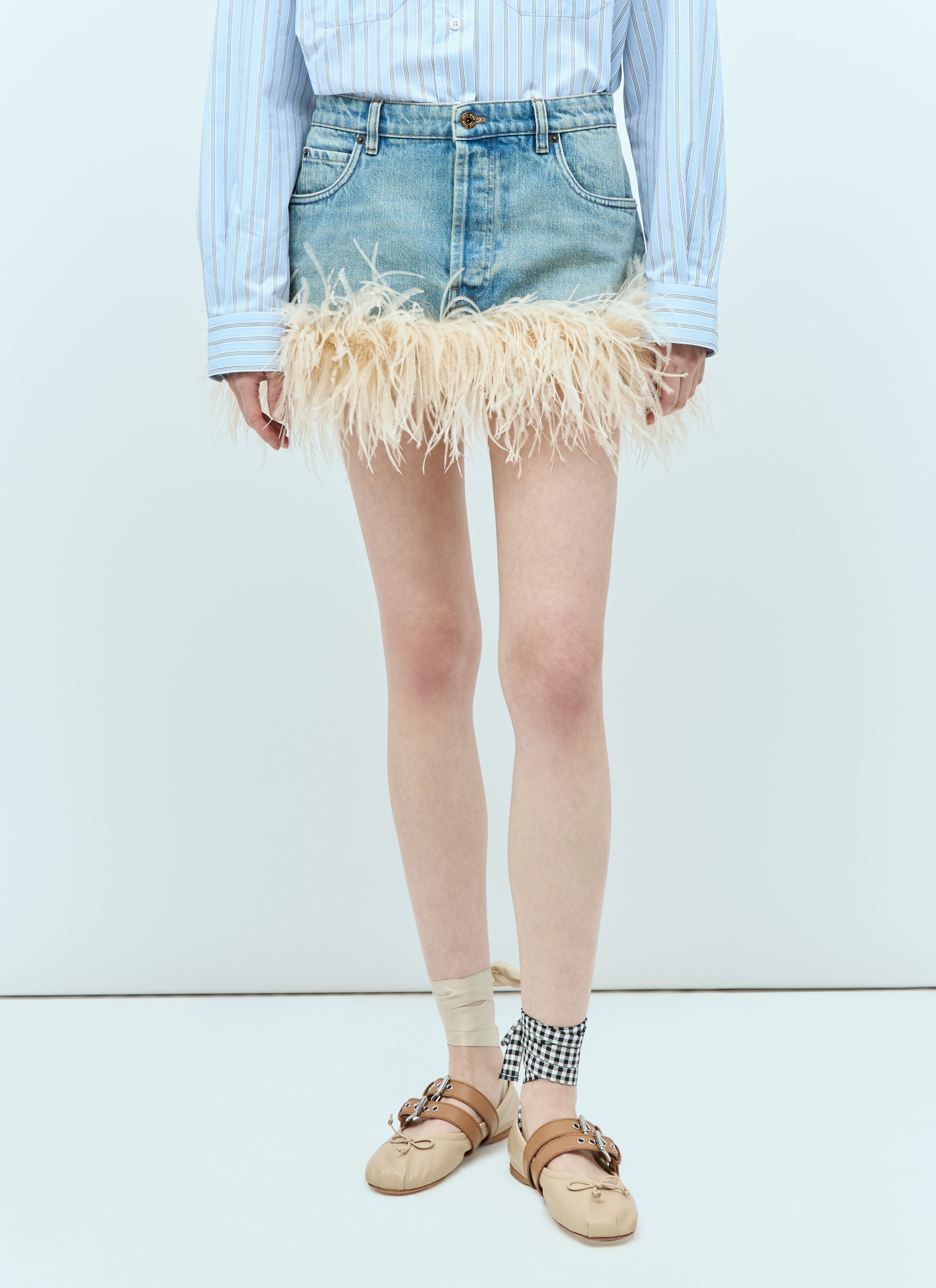 Miu Miu Feather-Trimmed Denim Mini Skirt Khaki miu0256082