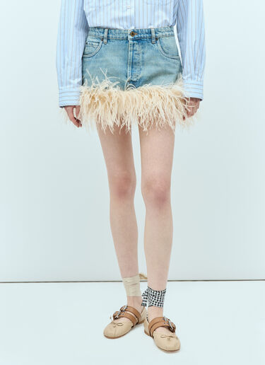 Miu Miu Feather-Trimmed Denim Mini Skirt Blue miu0255015