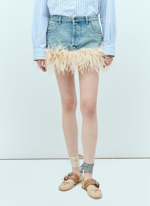 Miu Miu Feather-Trimmed Denim Mini Skirt Grey miu0256081