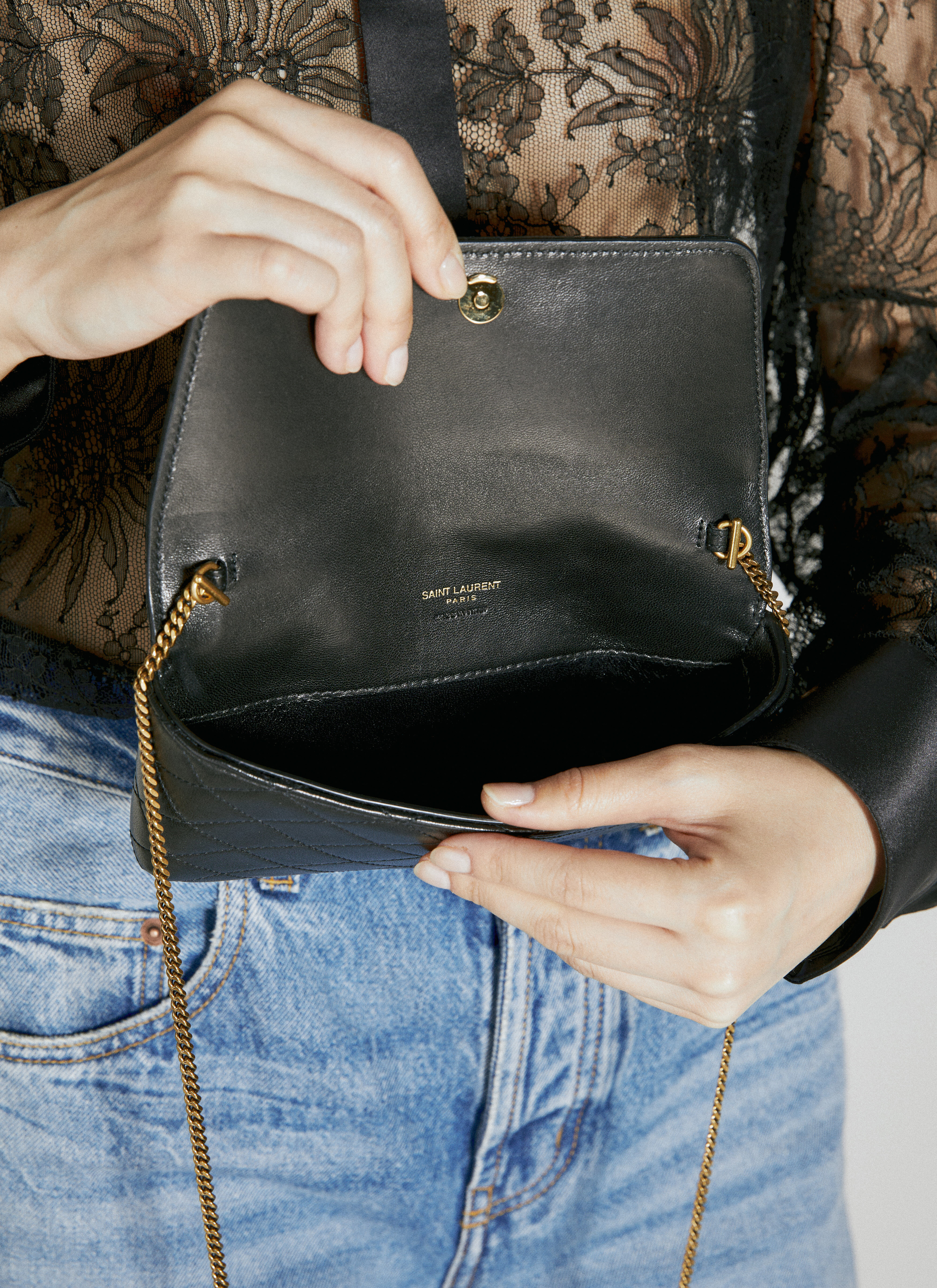 Saint Laurent Women s Gaby Chain Phone Holder in Black LN CC