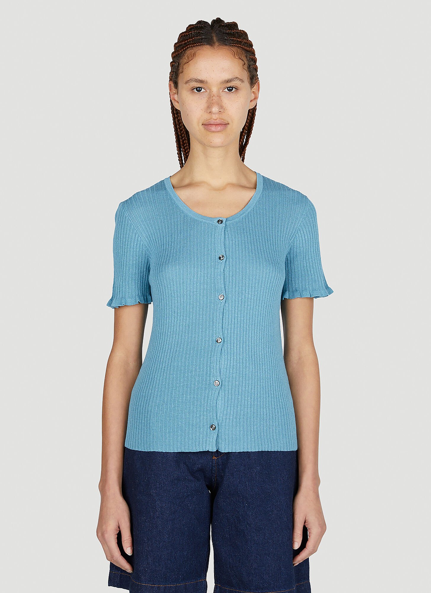 Apc A.p.c. Aria Buttoned Ribbed Knit Top In Blue