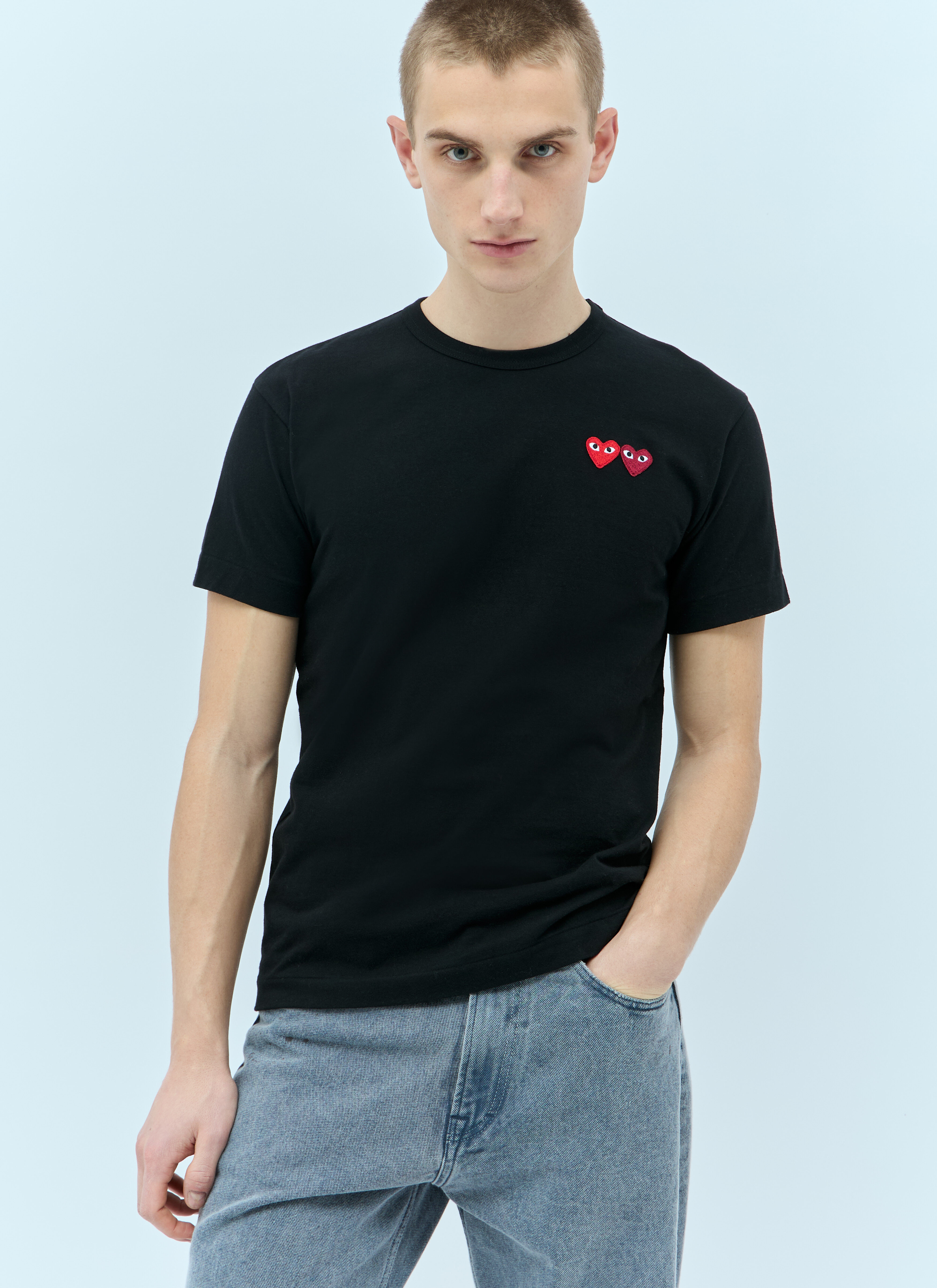 Comme Des Garcons PLAY Double Heart Logo Patch T Shirt in Black LN CC