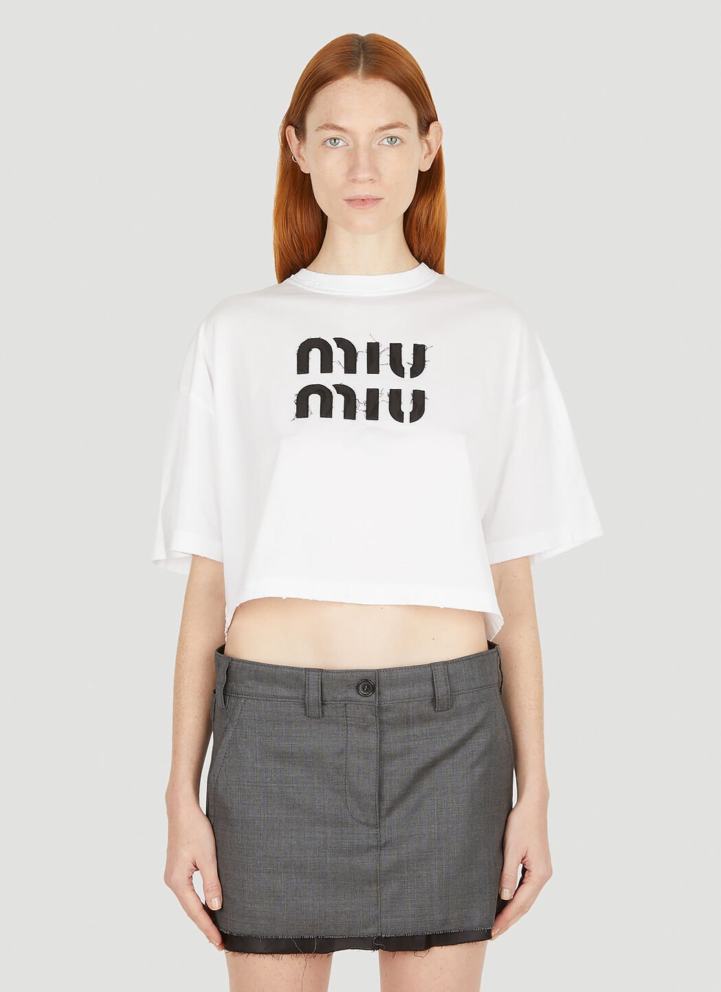Miu Miu Distressed Logo T-Shirt in White | LN-CC