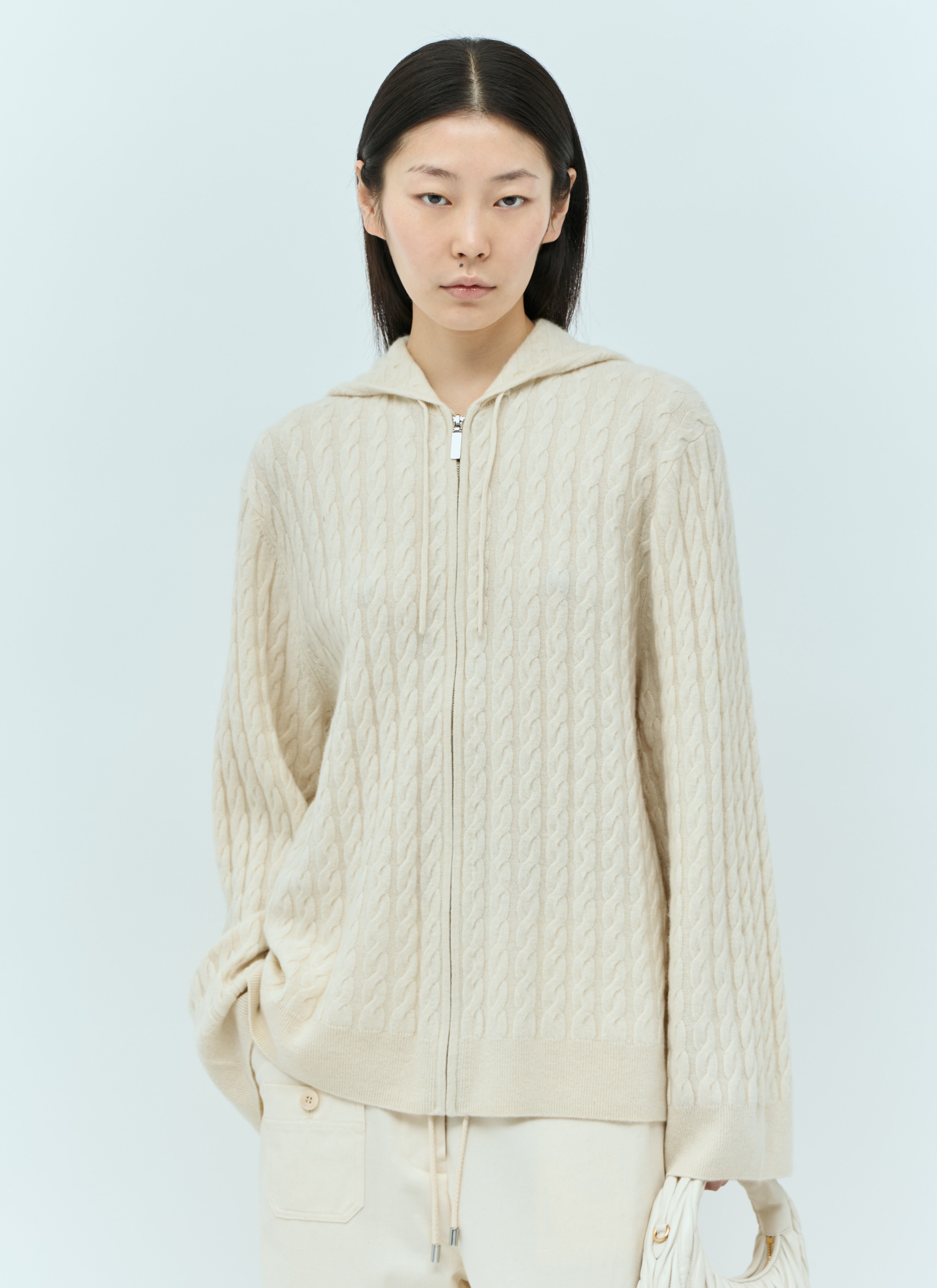 TOTEME Cable Knit Hooded Cardigan Beige tot0255029