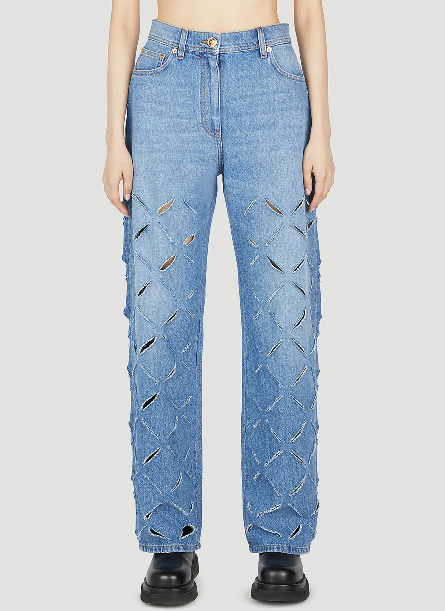 Versace Slashed Wide-leg Jeans In Blue