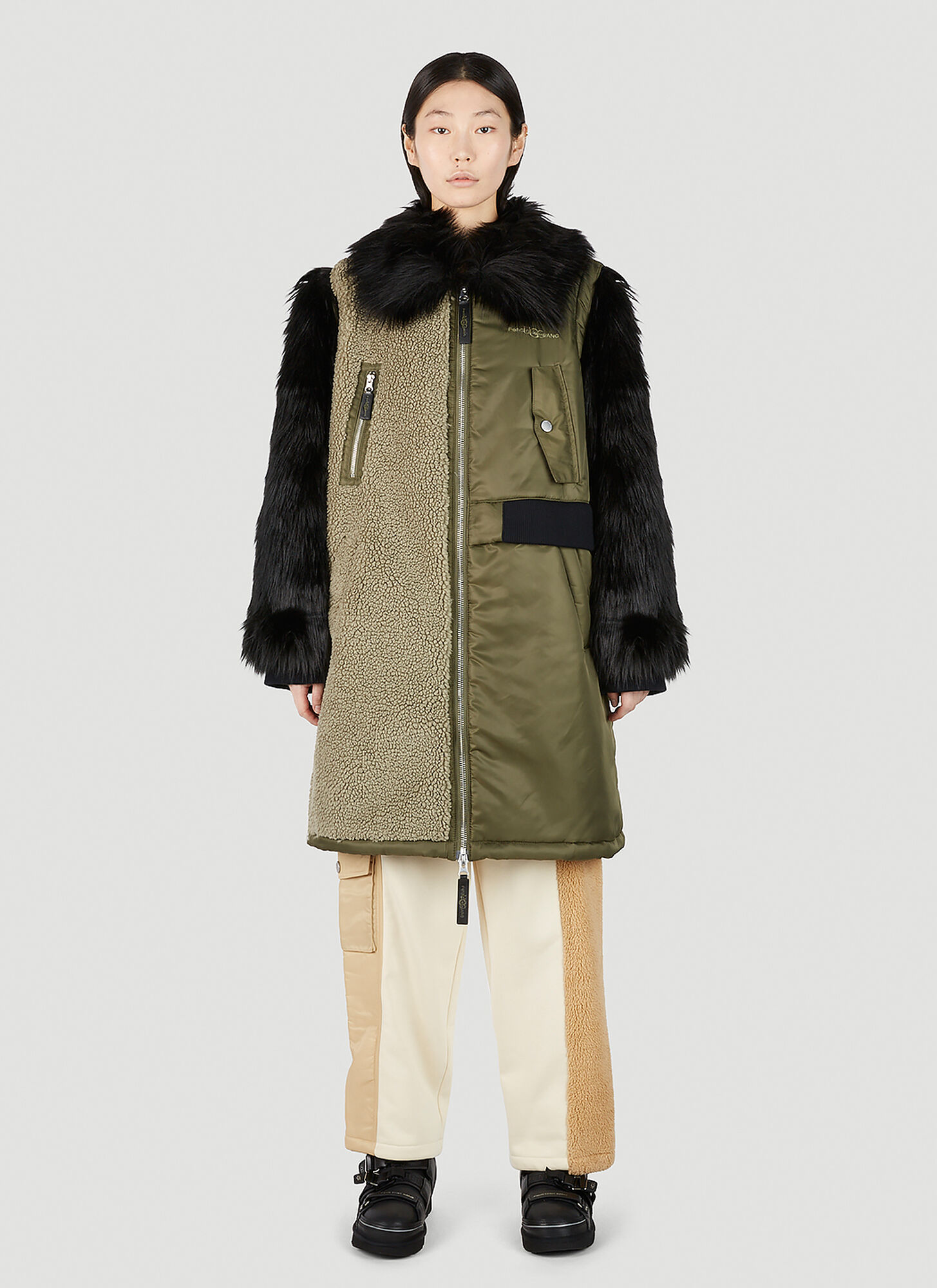 Ugg X Feng Chen Wang Faux-fur Sleeve Long Coat In Khaki