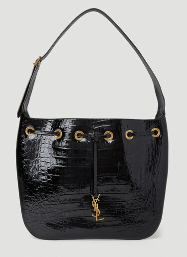 Saint Laurent YSL Shoulder Bag Croc Embossed Leather Black
