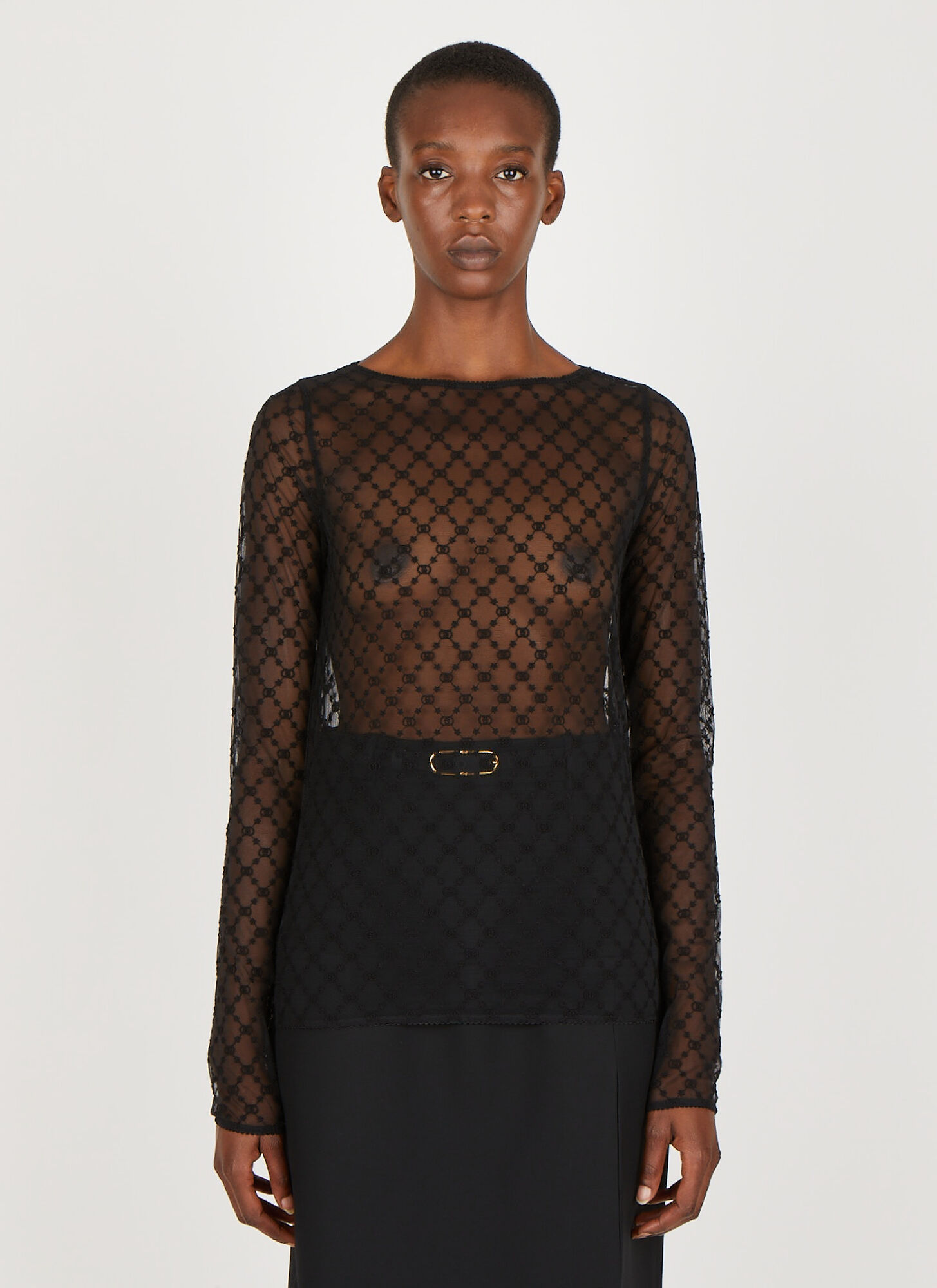 Gucci Gg-embroidered Tulle Blouse In Black