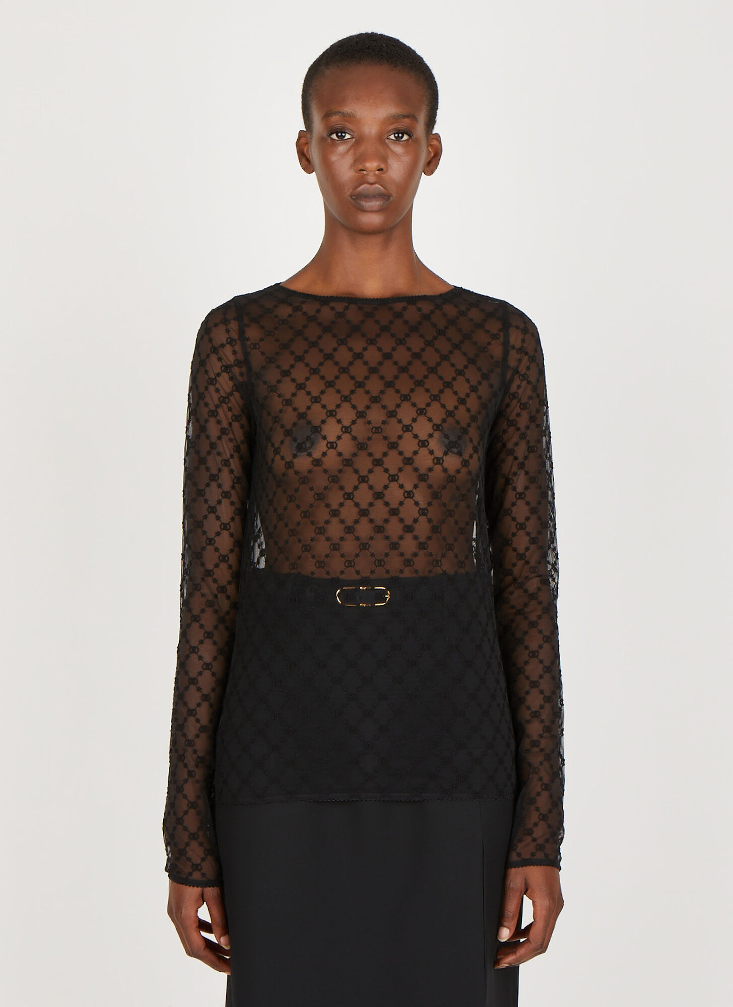 Shop Gucci Gg Embroidered Tulle Top In Black