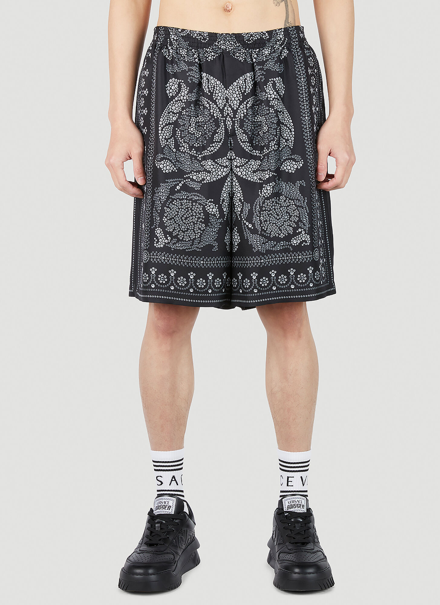 Shop Versace Baroque Silk Shorts In Black
