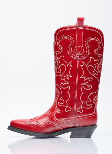 GANNI Mid Shaft Embroidered Western Boots Red gan0255087