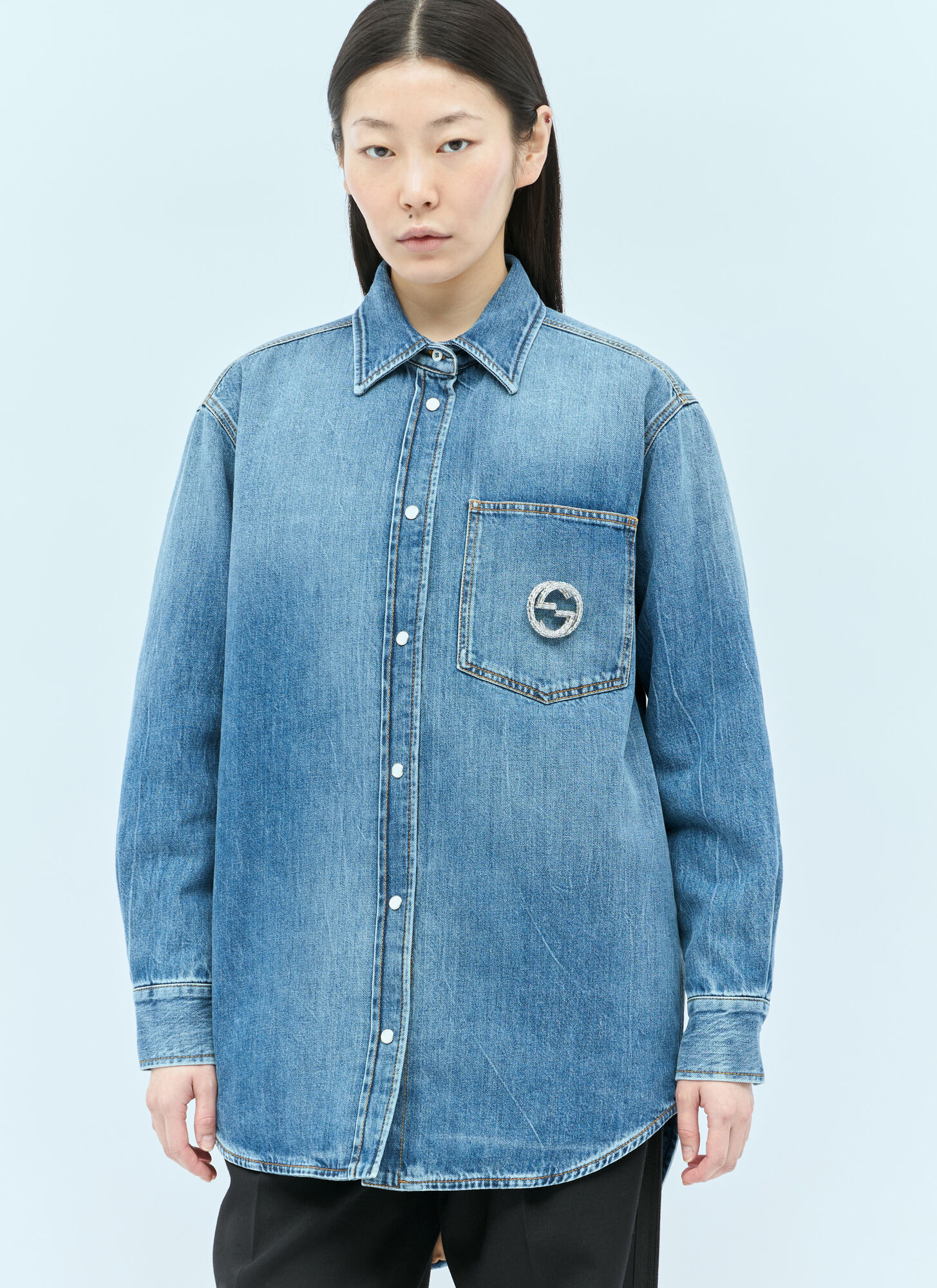 Shop Gucci Washed Organic Denim Shirt In Blue