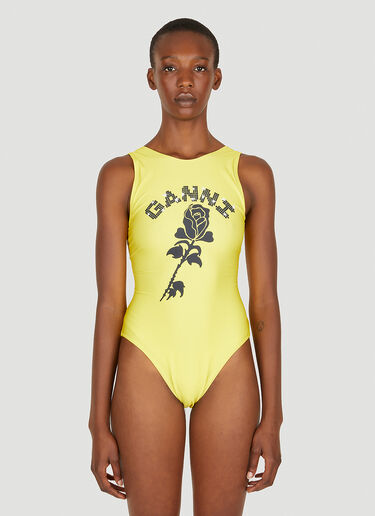 GANNI Logo Print Swimsuit Yellow gan0251051