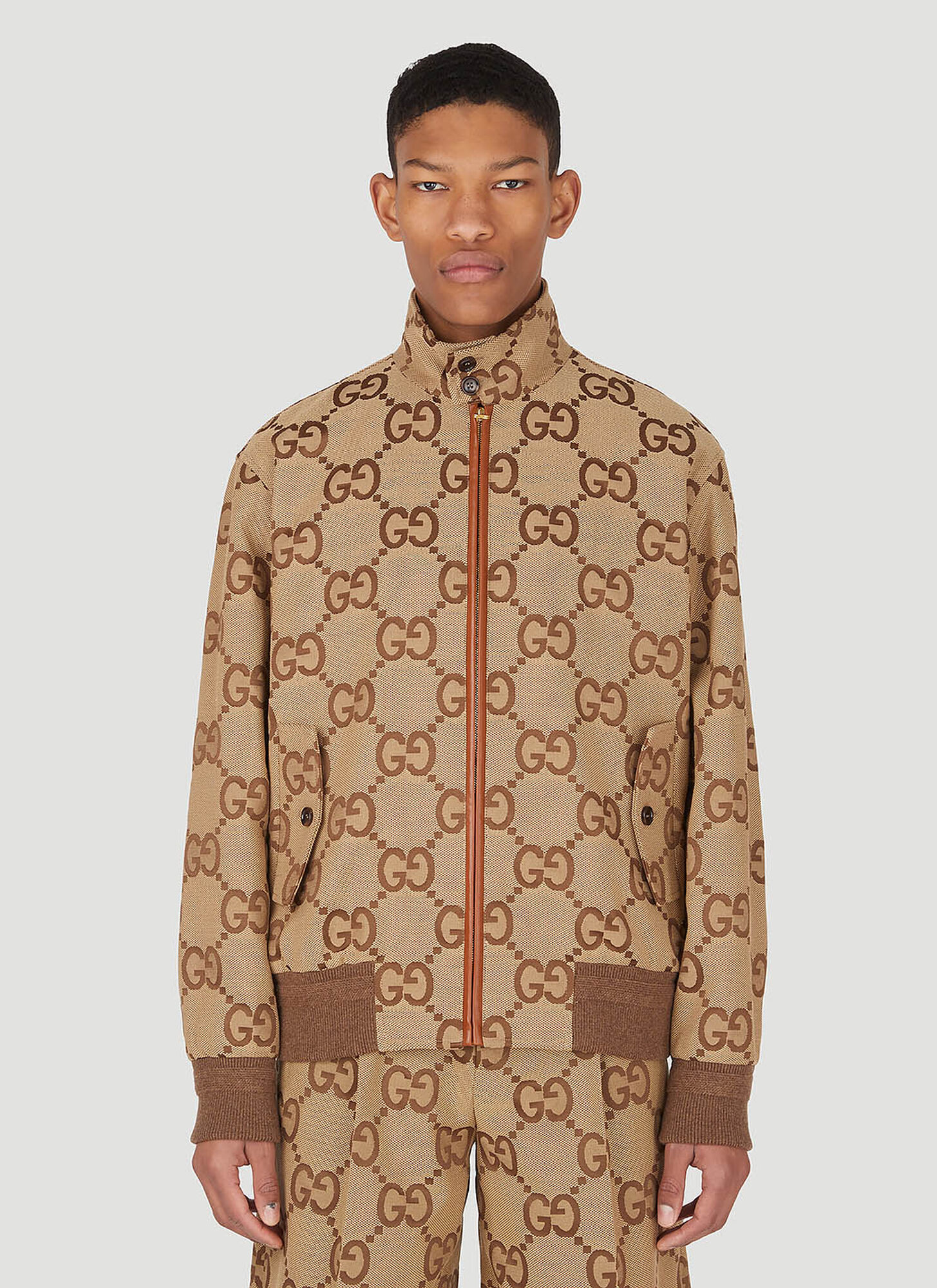 Gucci Logo-jacquard Leather-trimmed Cotton-blend Canvas Bomber Jacket In Beige