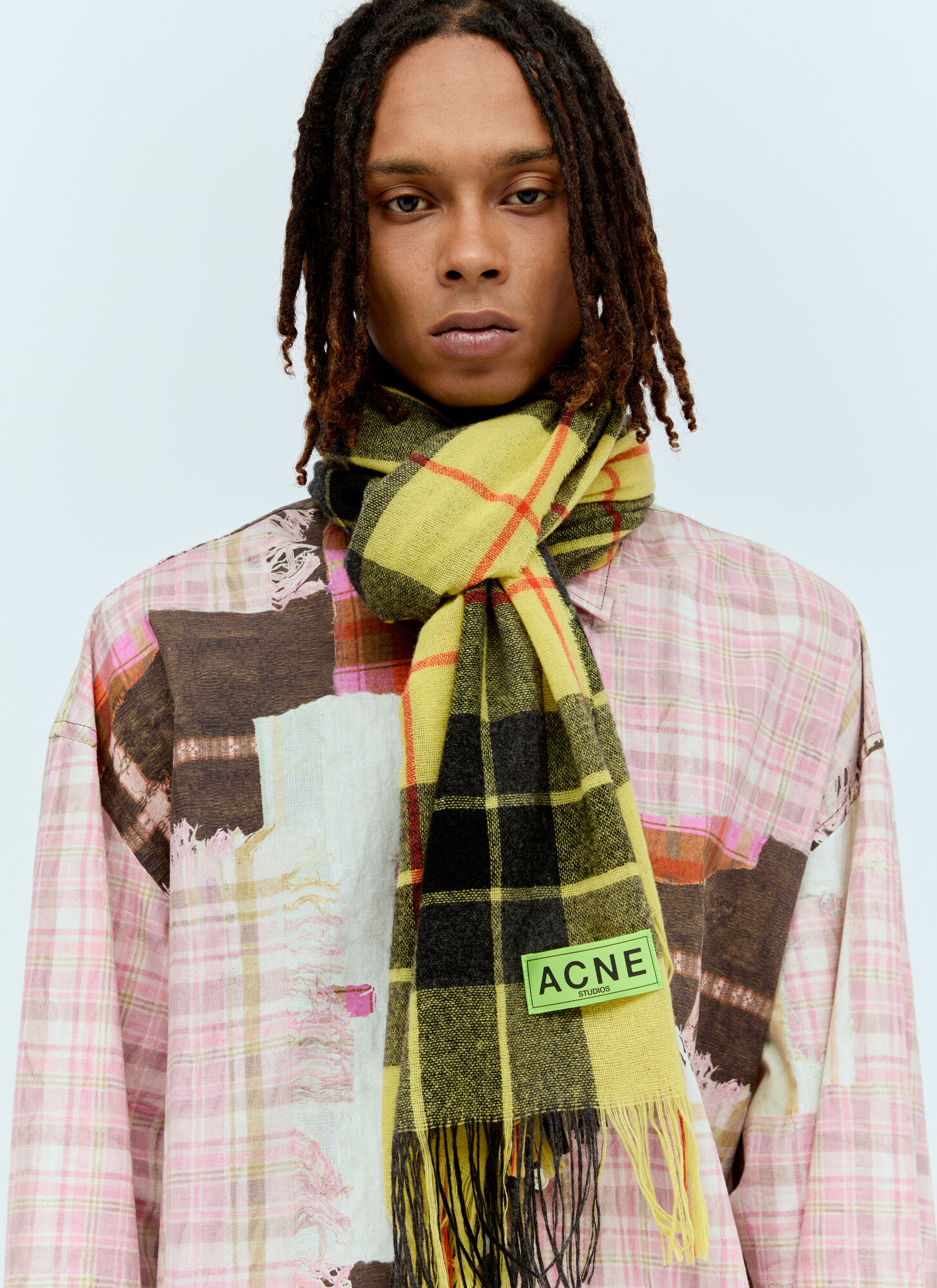 Acne Studios Acne Studios Check Fringe Scarf - Man Scarves Yellow One Size　Acne Studios チェック フリンジ スカーフ - 男性用スカーフ イエロー フリーサイズ