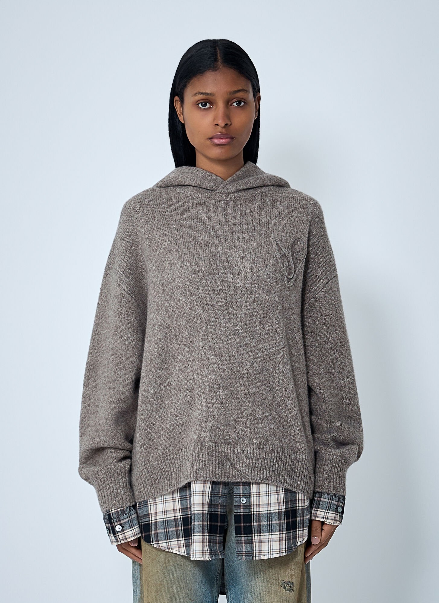 Acne Studios Embroidered Knit Hooded Sweater In Gray