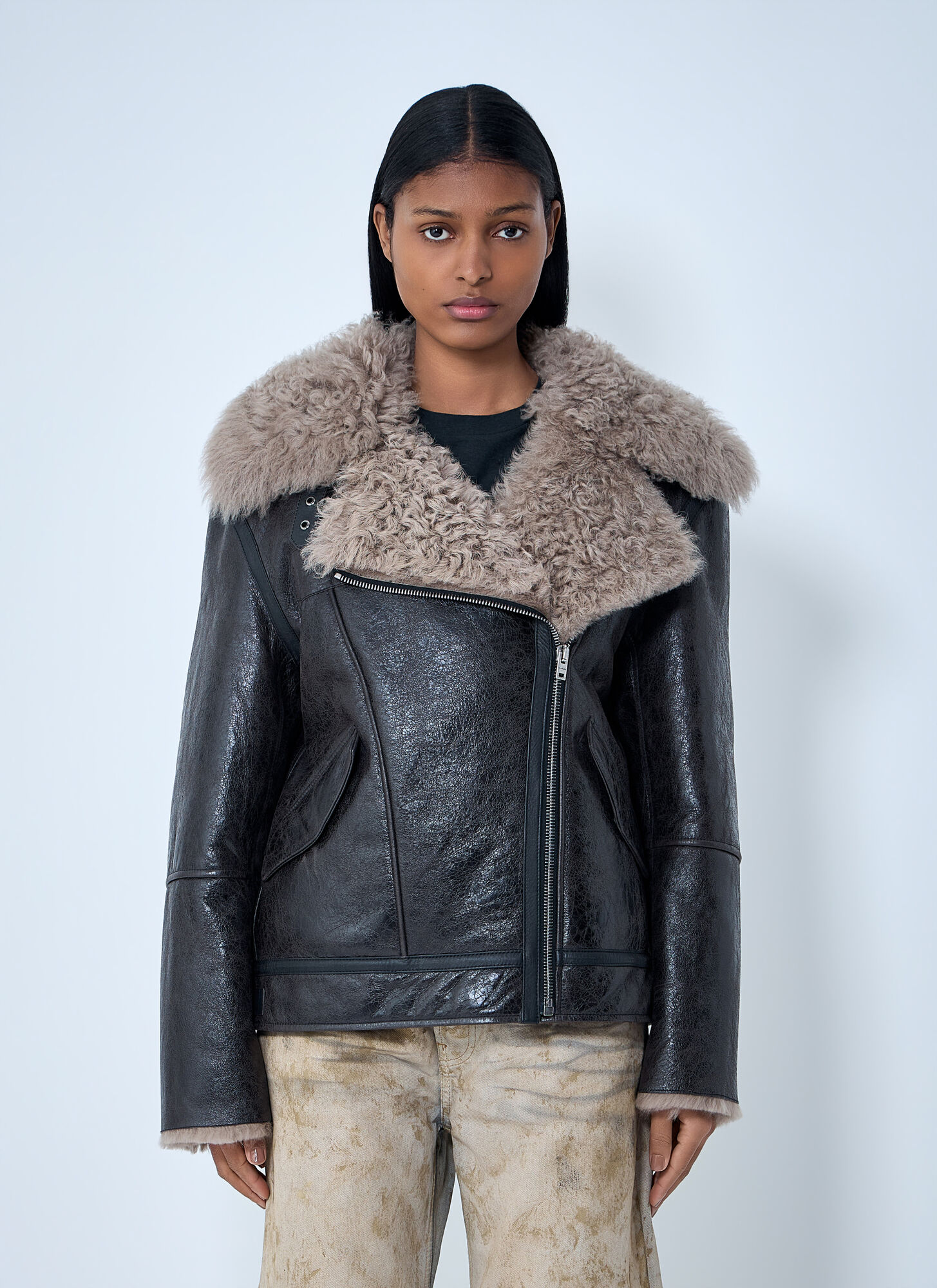 Acne Studios Acne Studios Leather Shearling Jacket - Woman Jackets Grey Fr - 36　Acne Studios レザー ムートン ジャケット - 女性ジャケット グレー Fr - 36