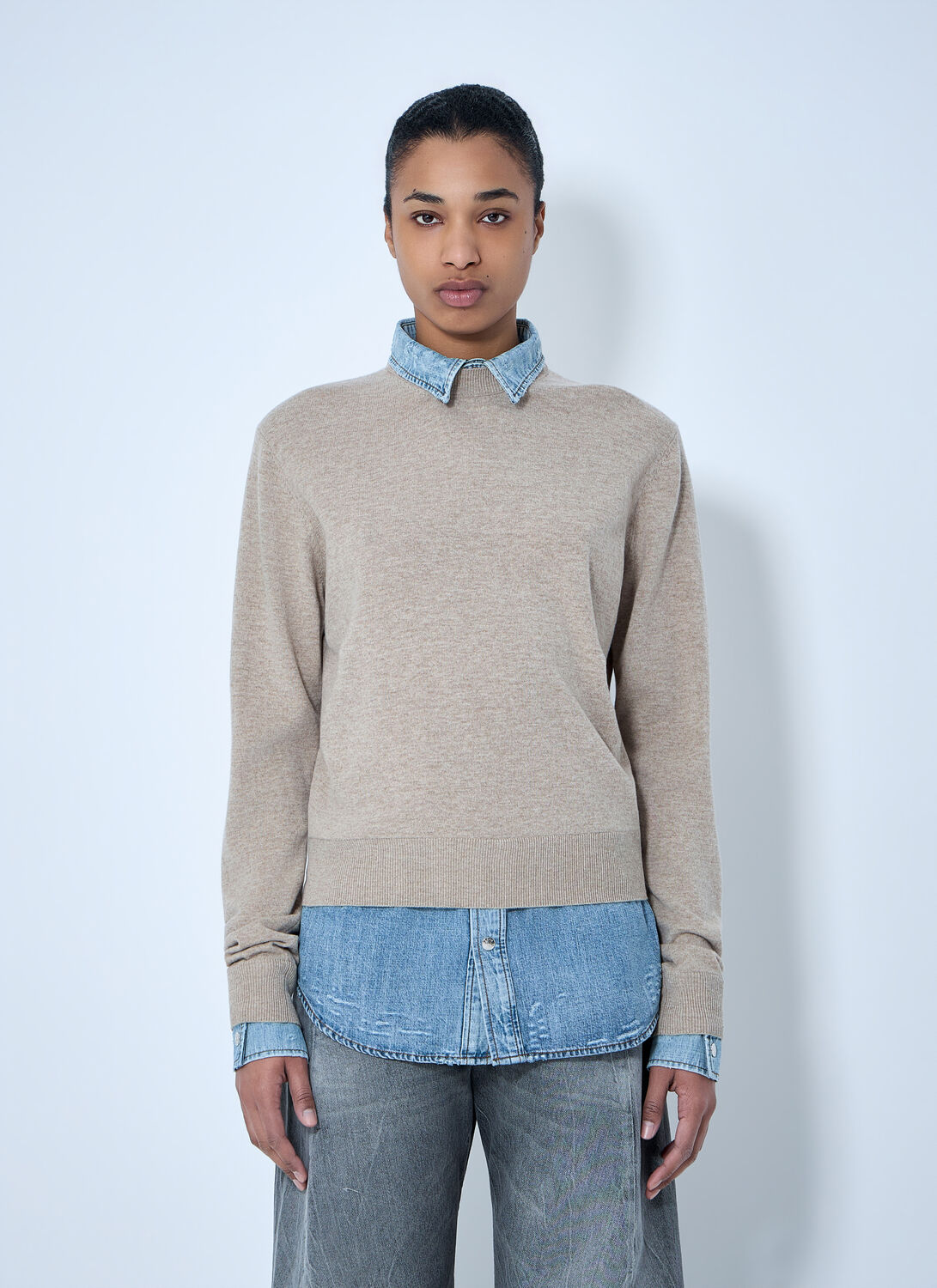 Acne Studios Layered Knit Sweater With Denim Shirt Detail In Sand