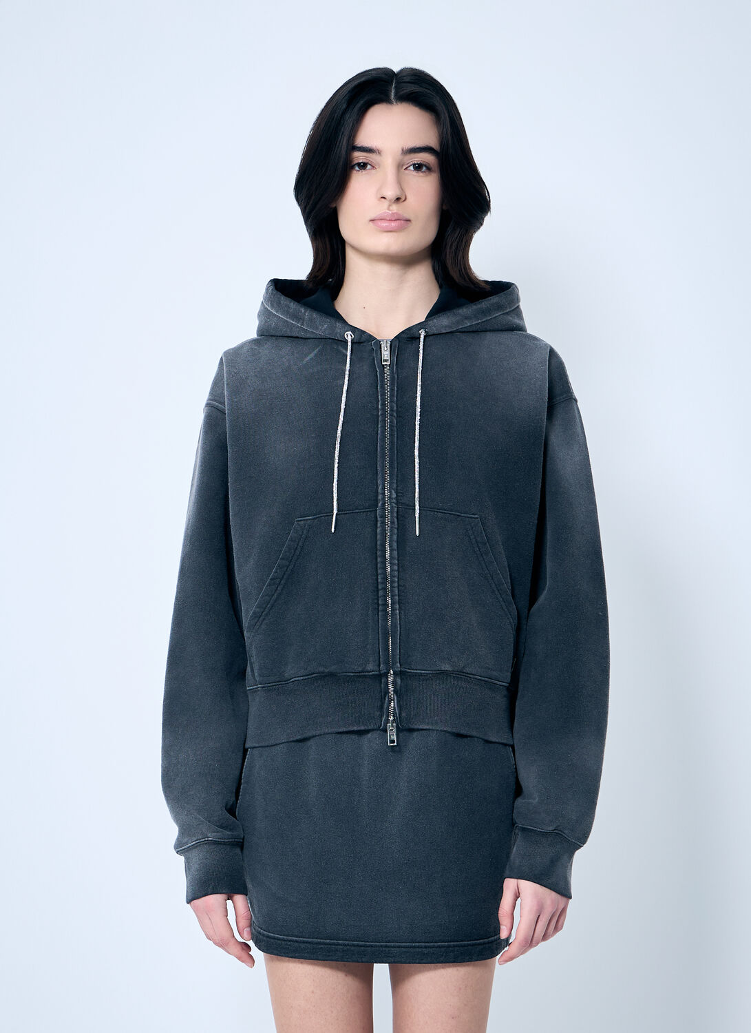Alexander Wang Zip-up Sweater With Rhinestone Drawstring In Grey
