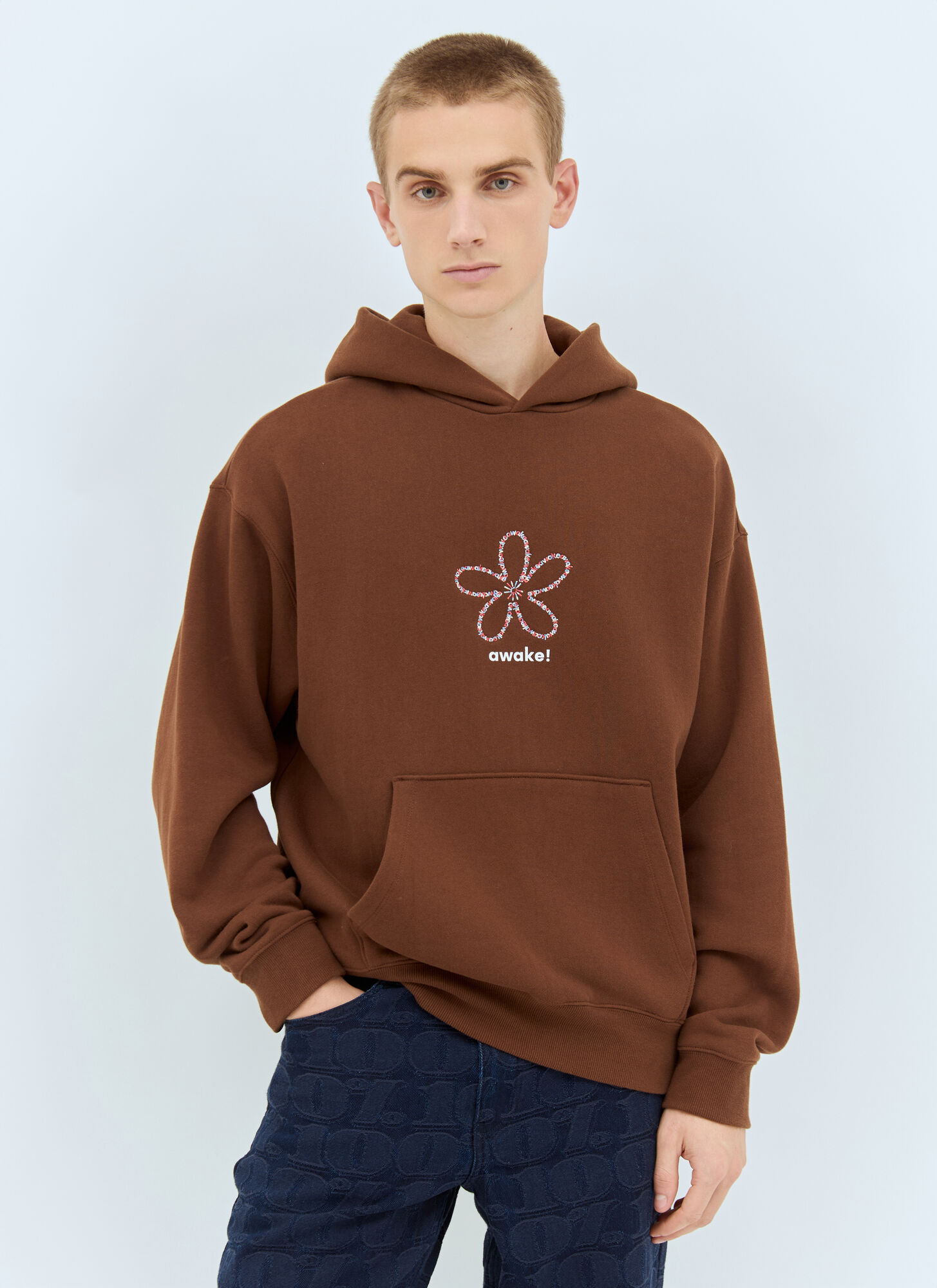 Awake Ny Men's Brown Flower Stamp Zip Hooded Sweatshirt - Man Sweatshirts L