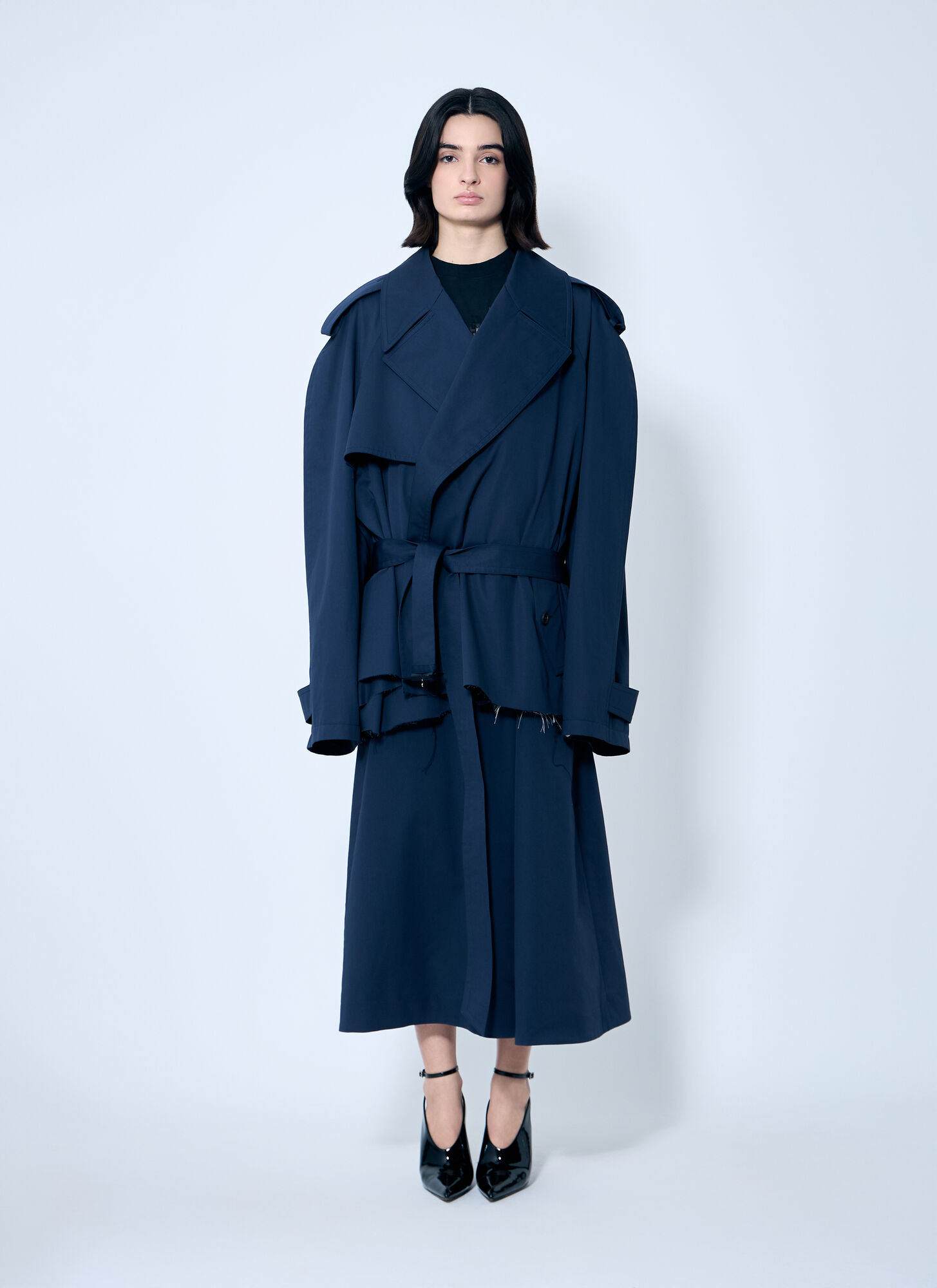 Balenciaga Women Cropped Distressed Hem Trench Coat In Blue