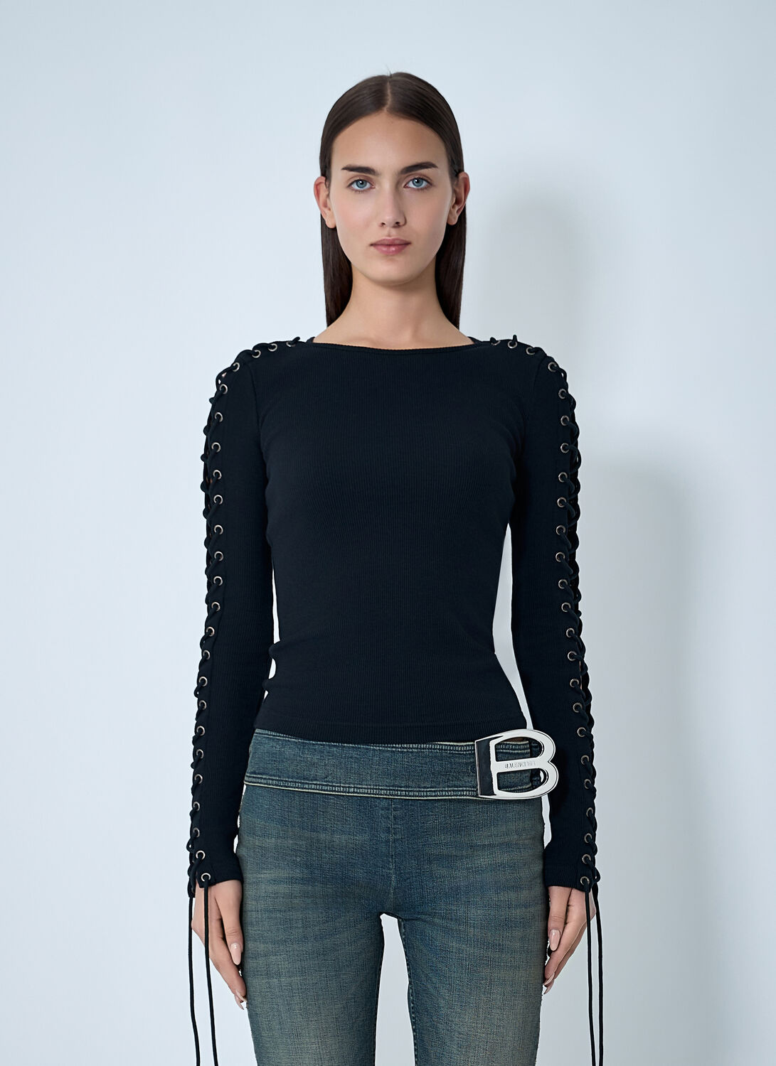 Balenciaga Lace-up T-shirt - Woman T-shirts Black S　バレンシアガ レースアップ T シャツ - 女性 T シャツ ブラック S Balenciaga