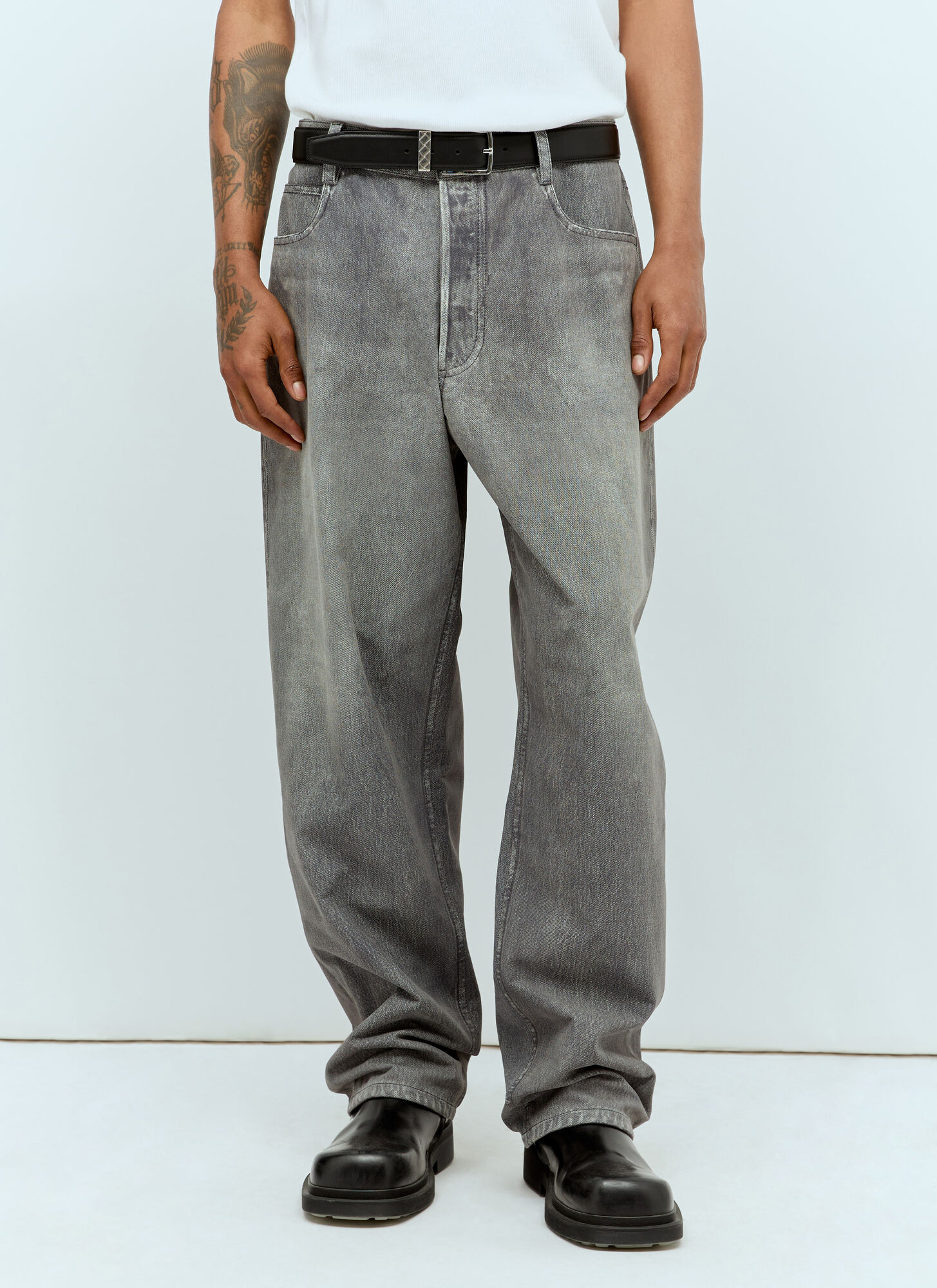Shop Bottega Veneta Printed Denim Leather Pants In Grey