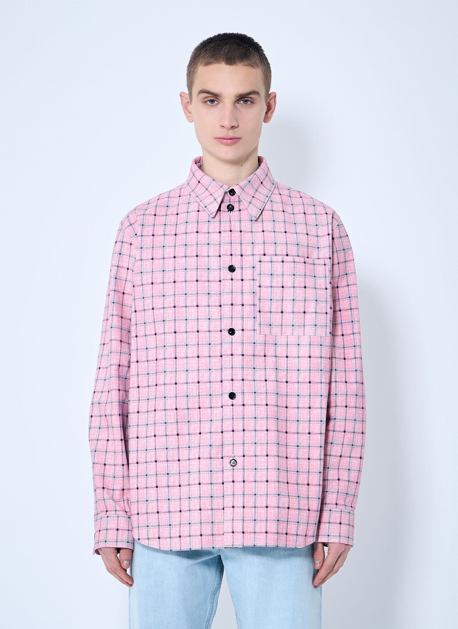 Bottega Veneta Men Pink Check Print Leather Shirt In Pink