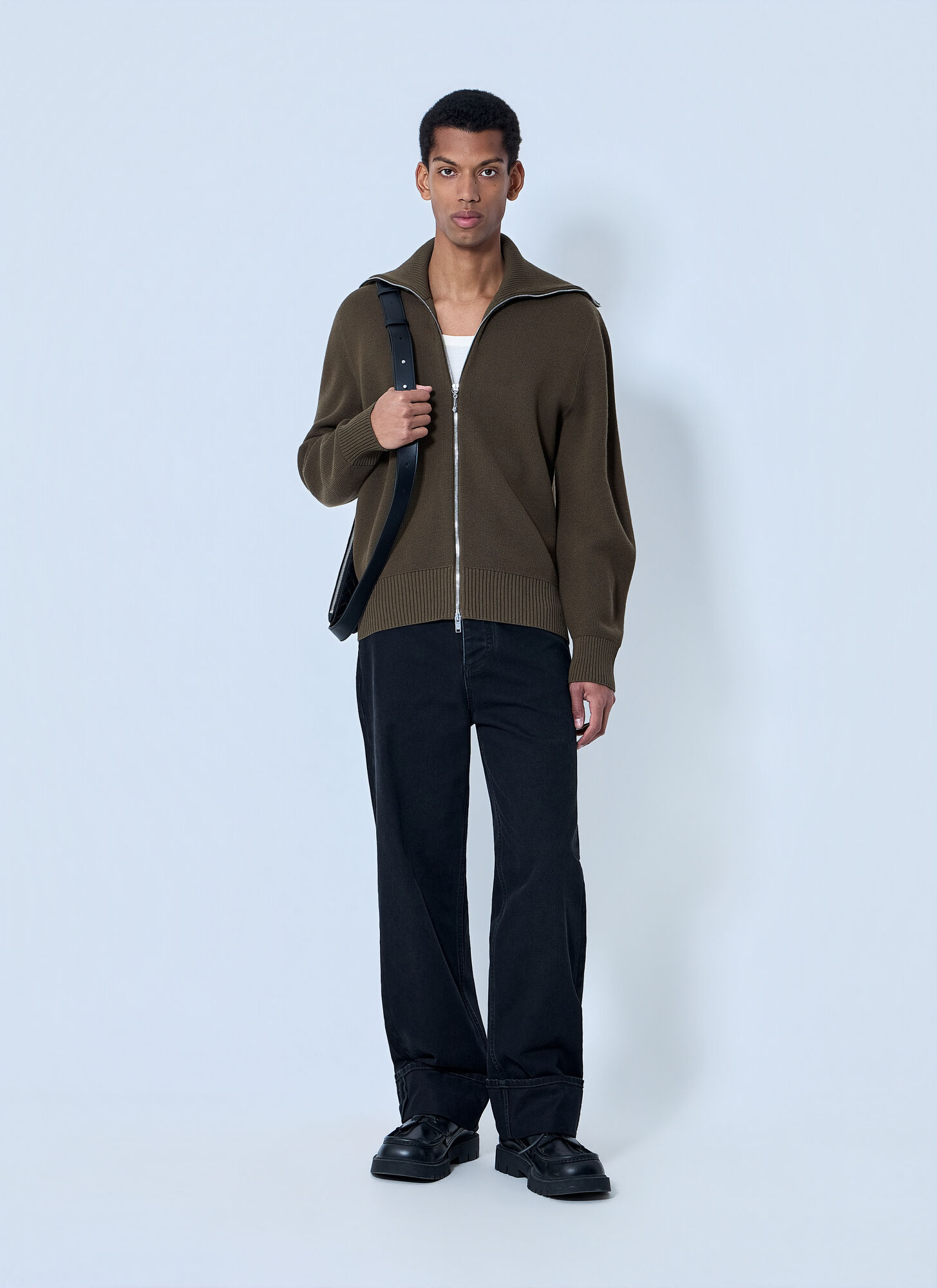  Bottega Veneta Bottega Veneta Zip-front High Collar Cardigan - Mann Strick Dark Green S 