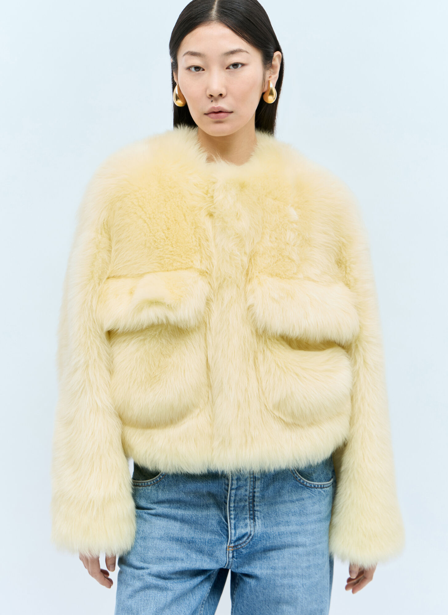 Shop Bottega Veneta Shearling Cropped Jacket In Yellow