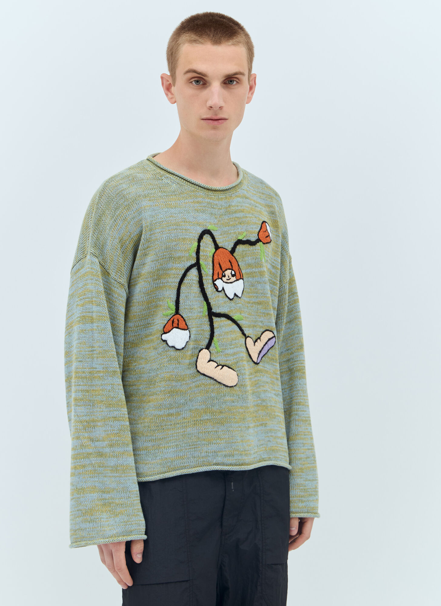 Brain Dead Carignan Marled Embroidered-flower Sweater In Green